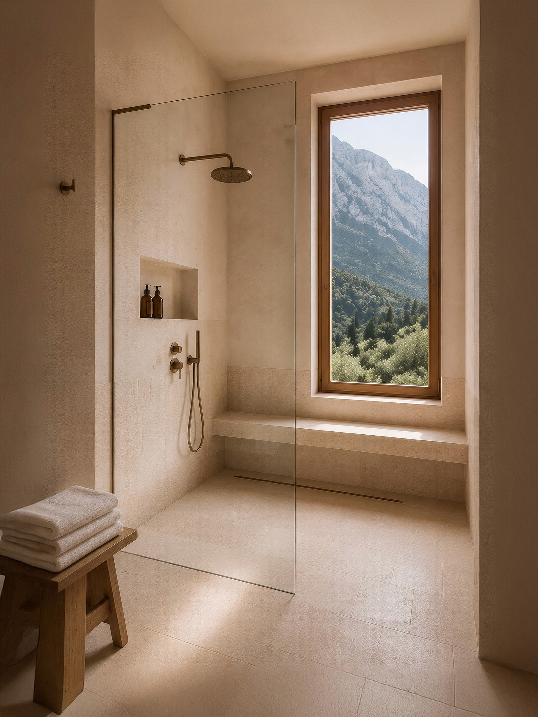 Walk-in stone shower with bronze fixtures, a glass screen, and a large window overlooking a forested mountain.