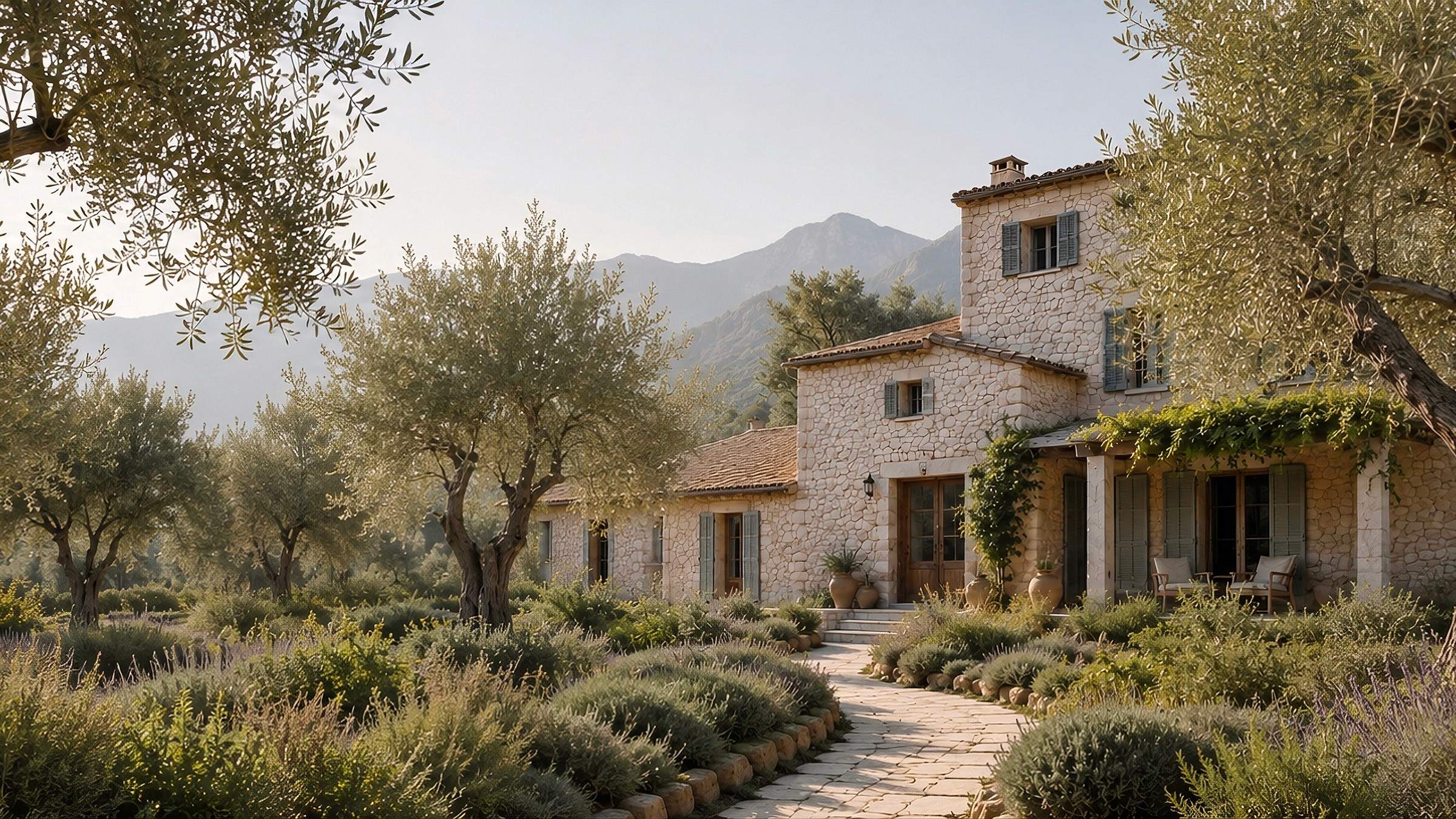 Stone pathway lined with lavender and olive trees leading to a classic stone house with wooden shutters.
