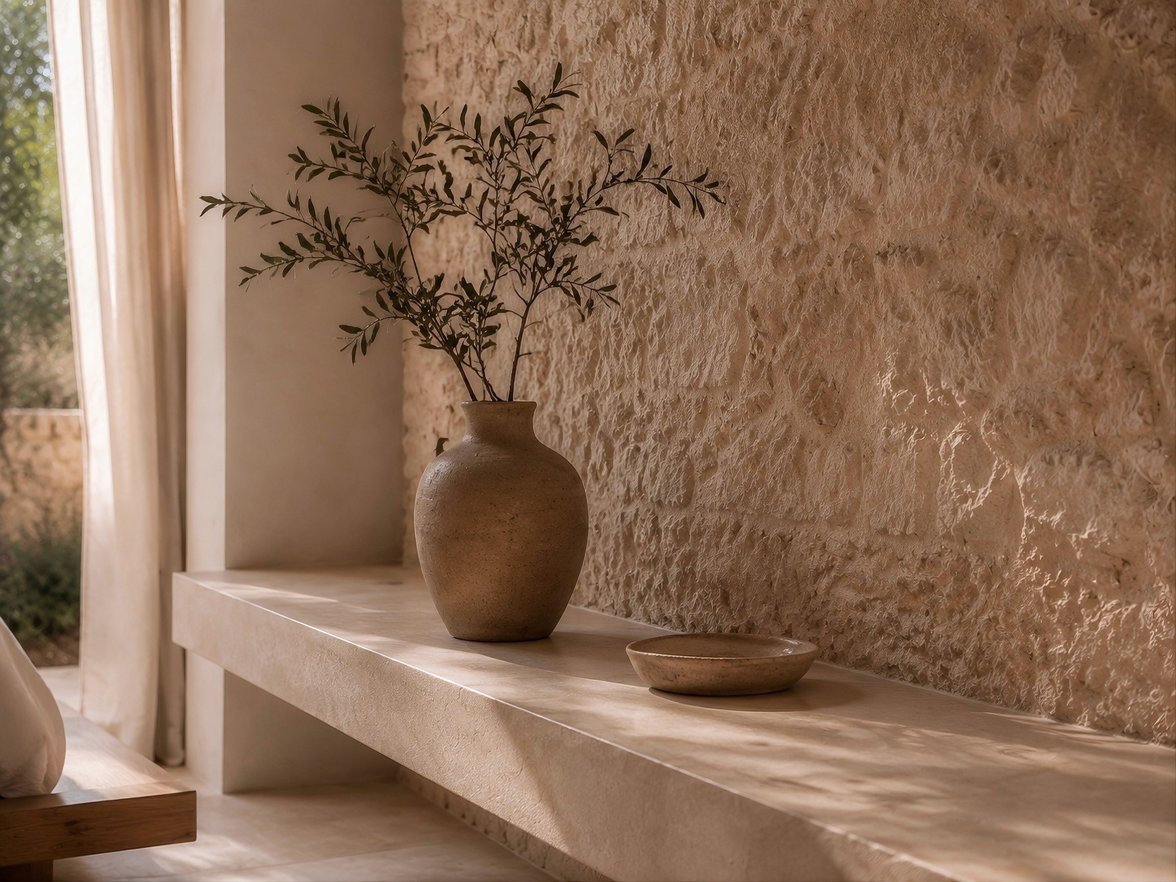 Close-up of a built-in stone shelf with a rustic vase and olive branches against a textured wall.