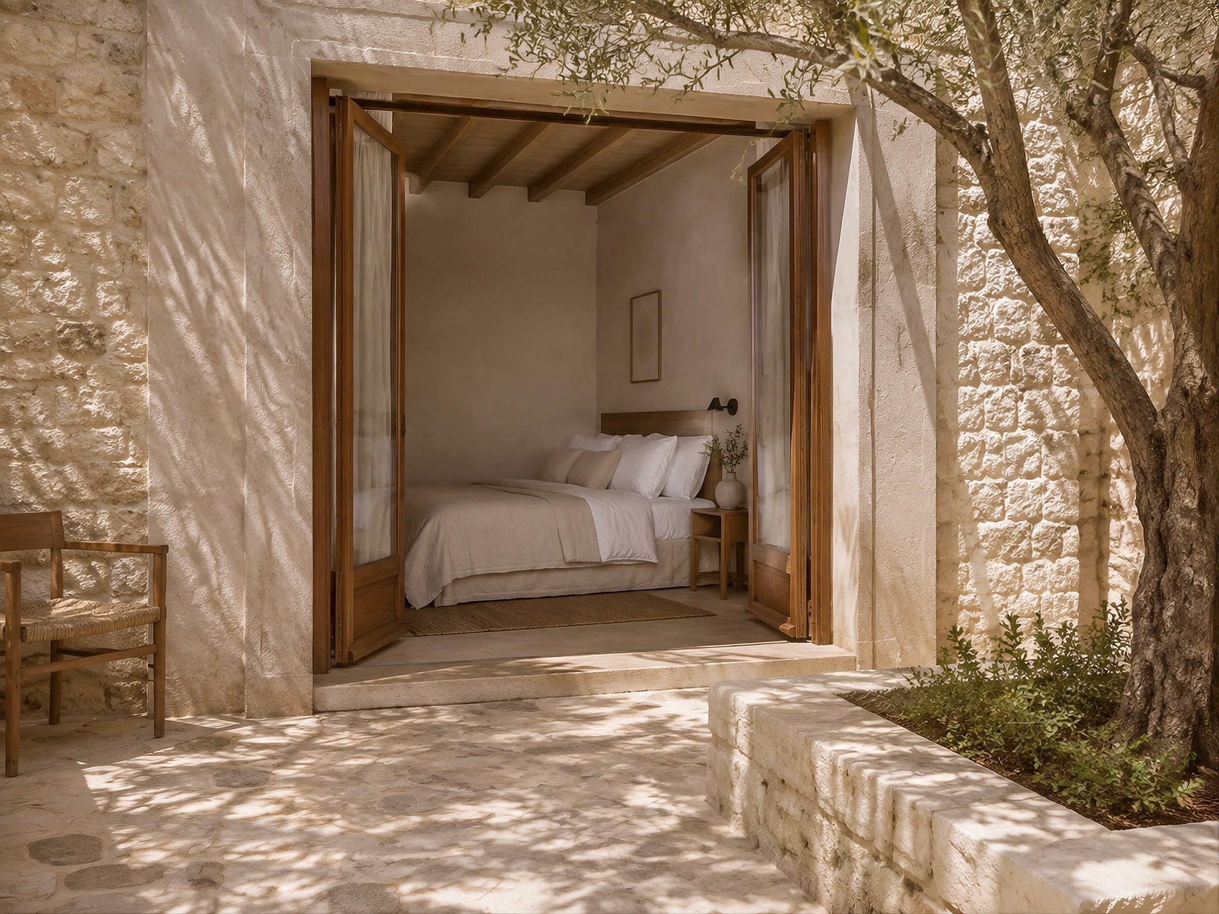 View from a stone courtyard looking into a bedroom through open wooden doors.
