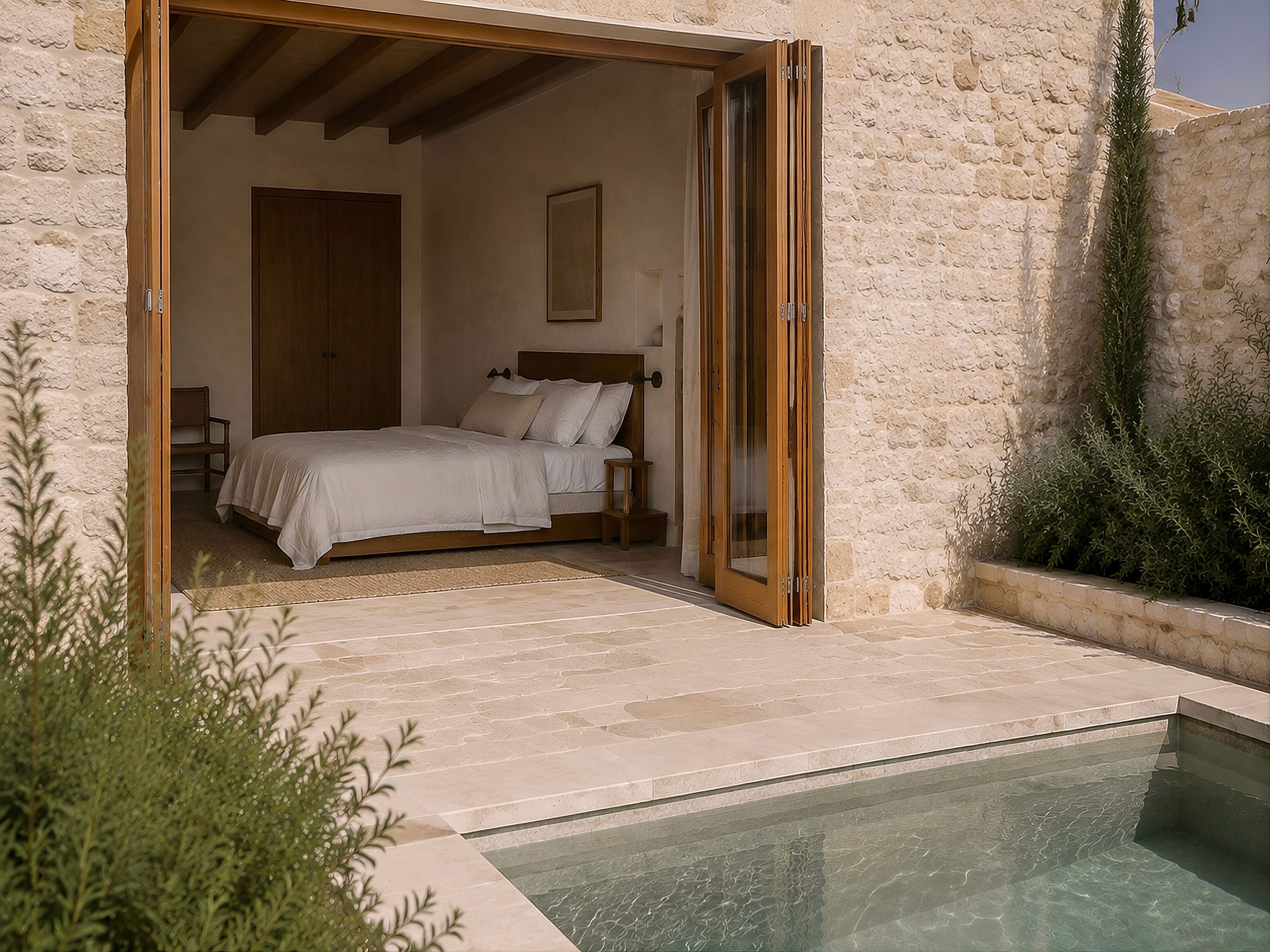 A bedroom with wide-open wooden folding doors leading directly out to a private stone patio and swimming pool.