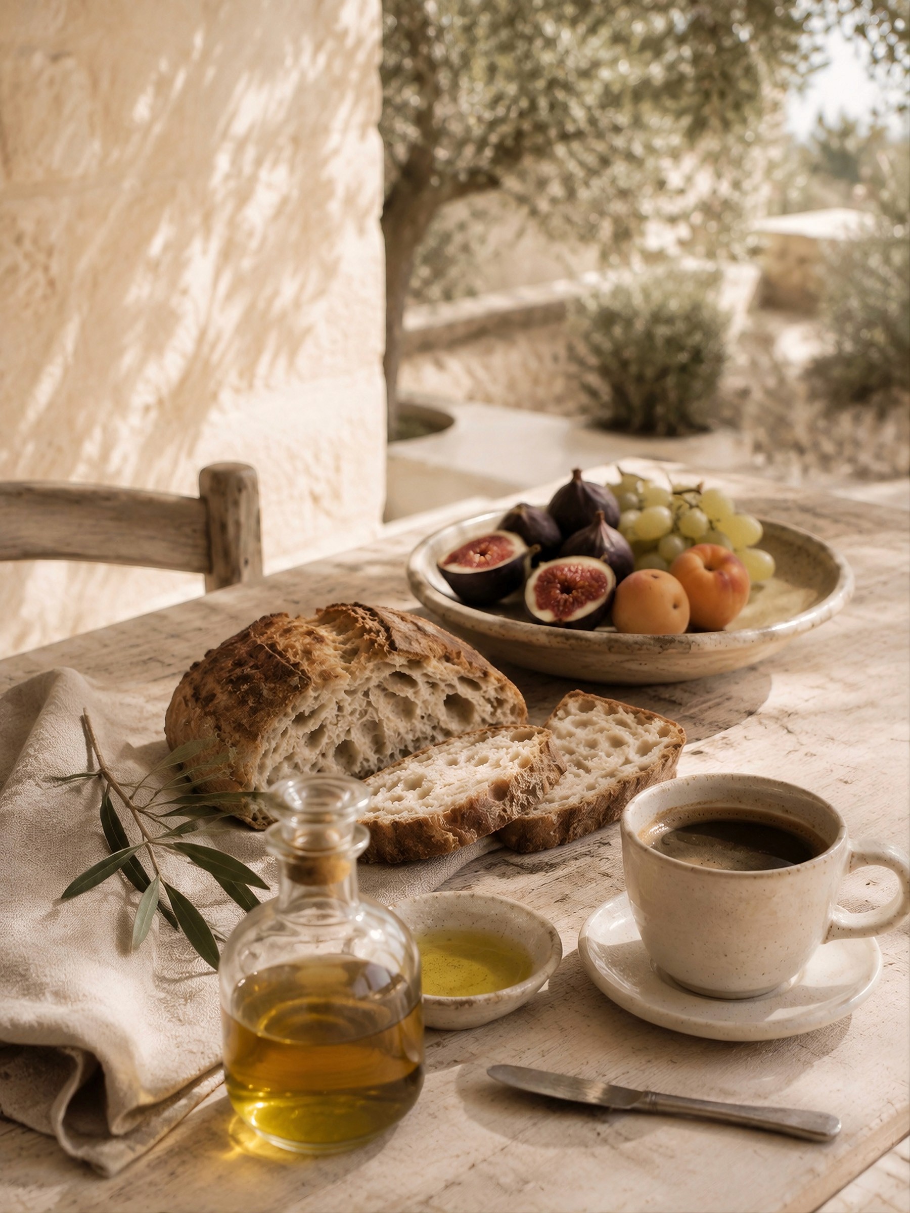 Rustic breakfast table with fresh crusty bread, a cruet of olive oil, a cup of coffee, and a bowl of fresh fruit.
