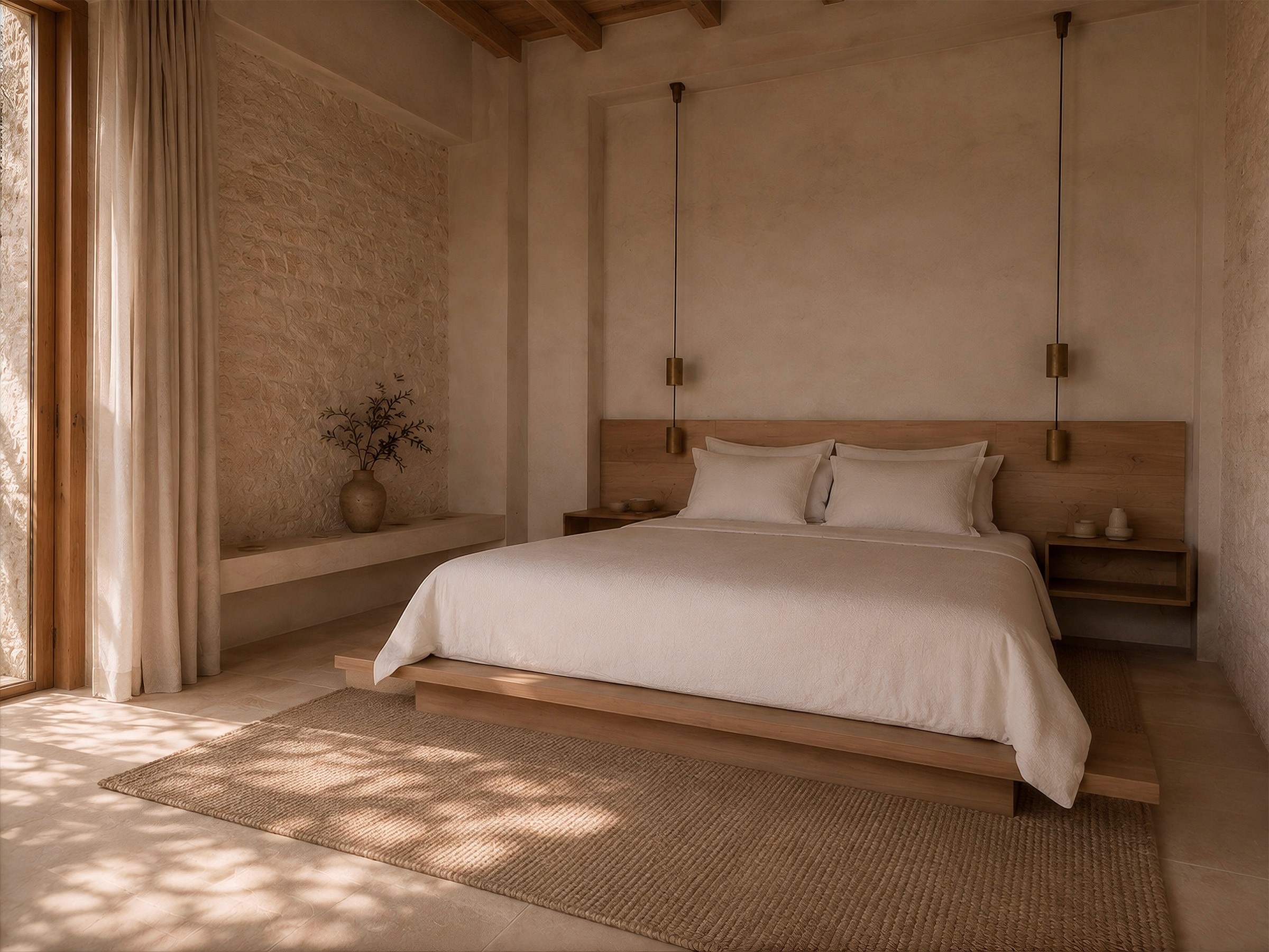 A bright bedroom with a low wooden platform bed, textured stone wall, and brass pendant lights.