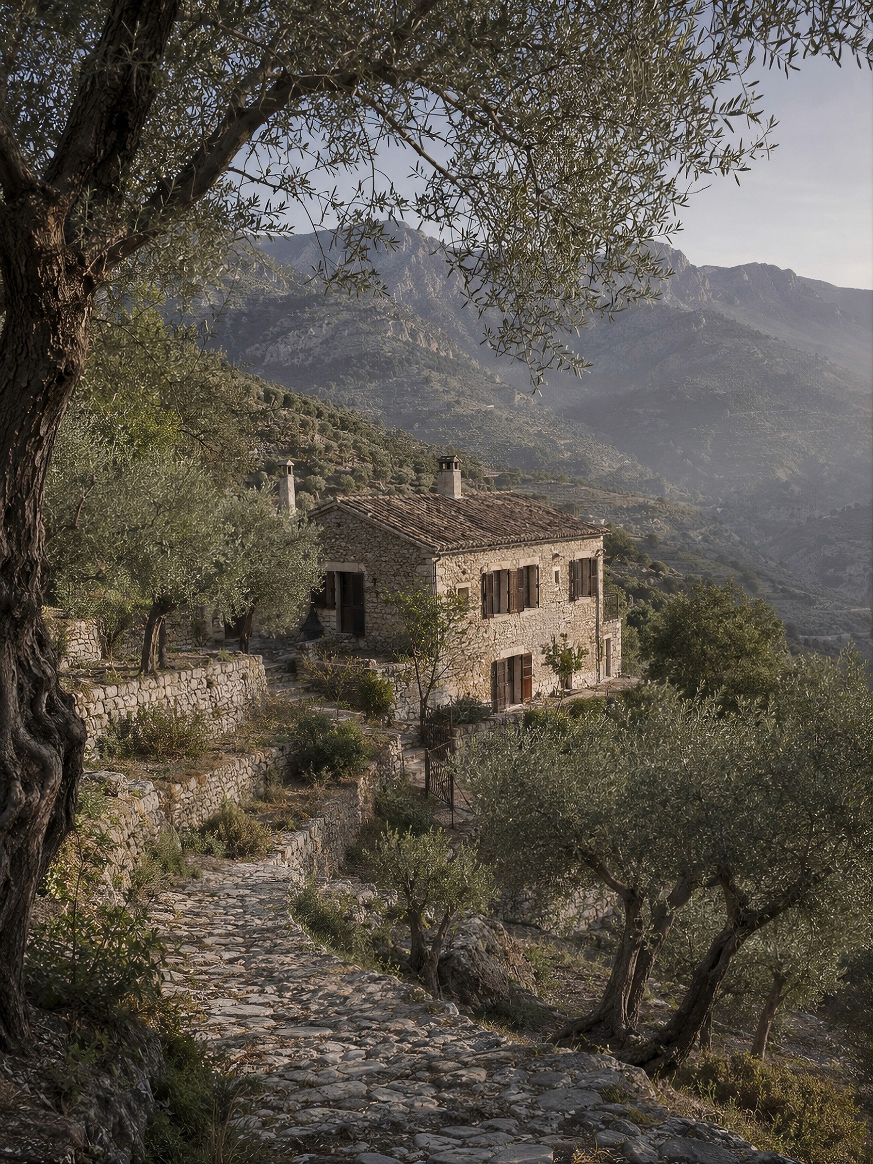 A winding cobblestone path leading down a terraced hillside to a traditional stone house surrounded by olive trees.