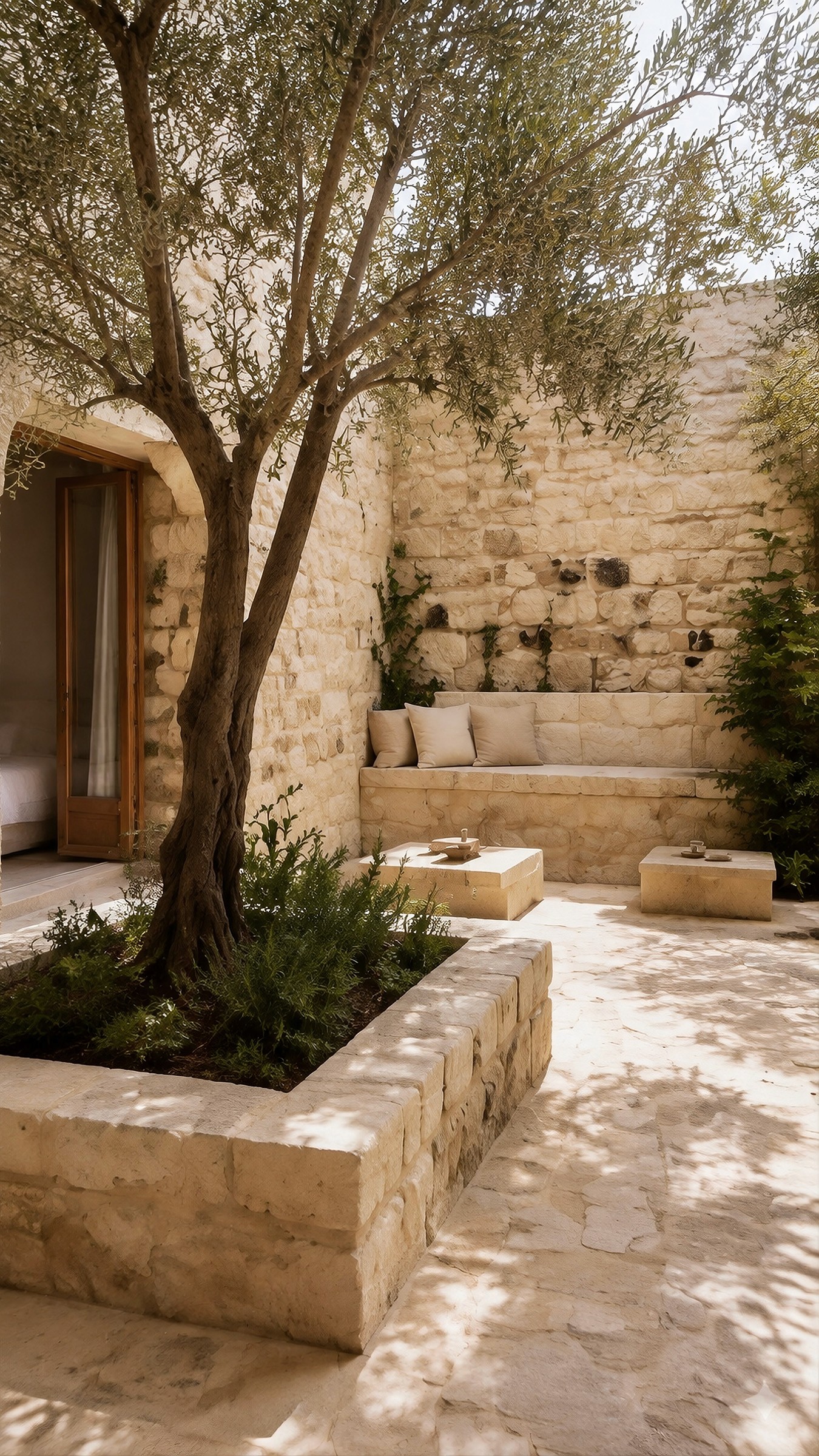 Sunlit stone courtyard with a central olive tree and built-in bench seating.