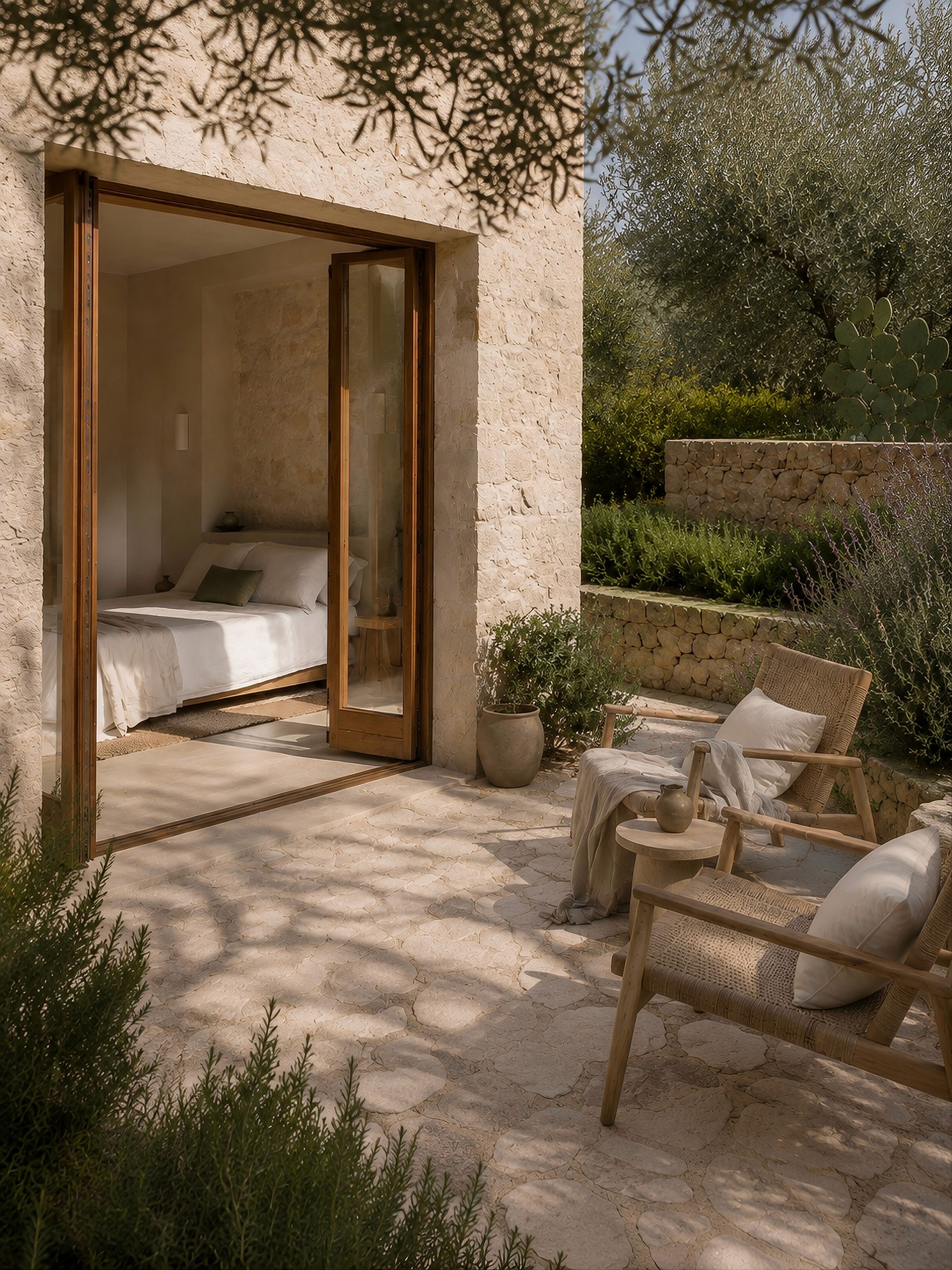 A sunlit stone terrace with two wooden lounge chairs outside a bedroom with open glass doors.