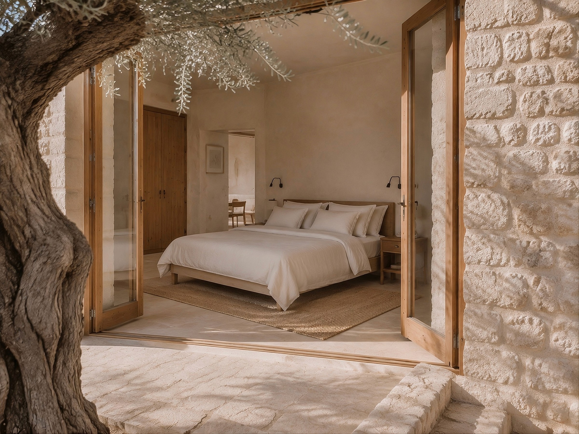 A serene bedroom seen through wide-open glass doors from a stone patio framed by an olive tree.
