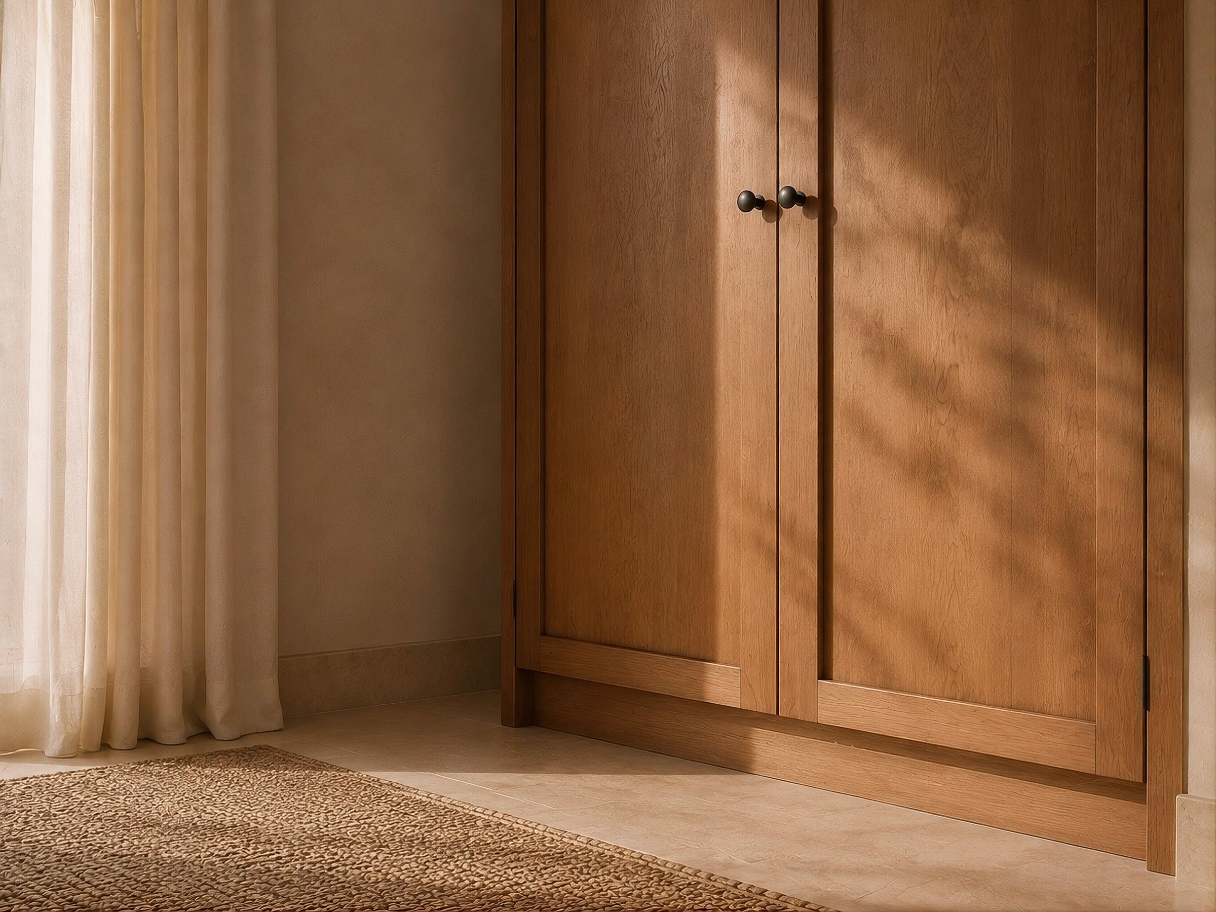 Close-up of a warm wooden wardrobe with black knobs next to a linen curtain and a textured rug.