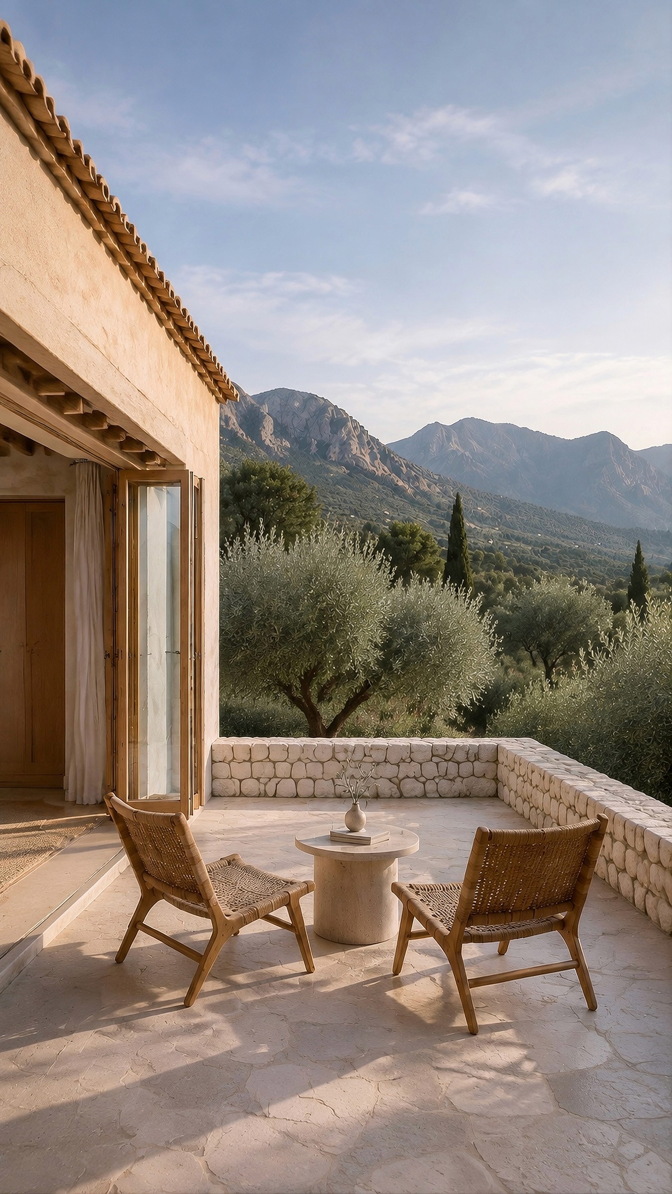 A stone-paved terrace with two woven lounge chairs, a small round table, and a view of olive trees and mountains.