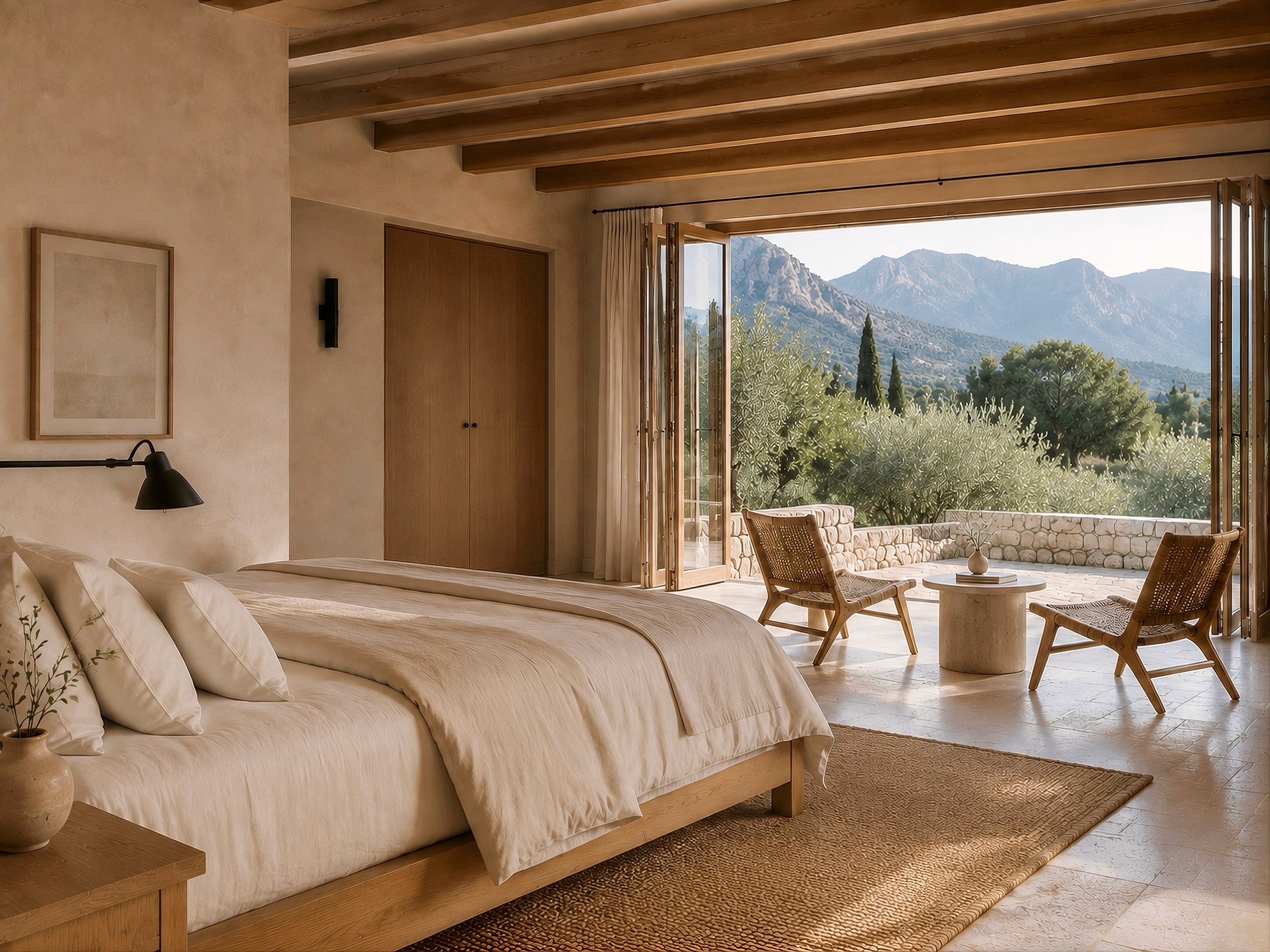 Minimalist bedroom with exposed wooden ceiling beams and large open folding doors leading to a scenic terrace.