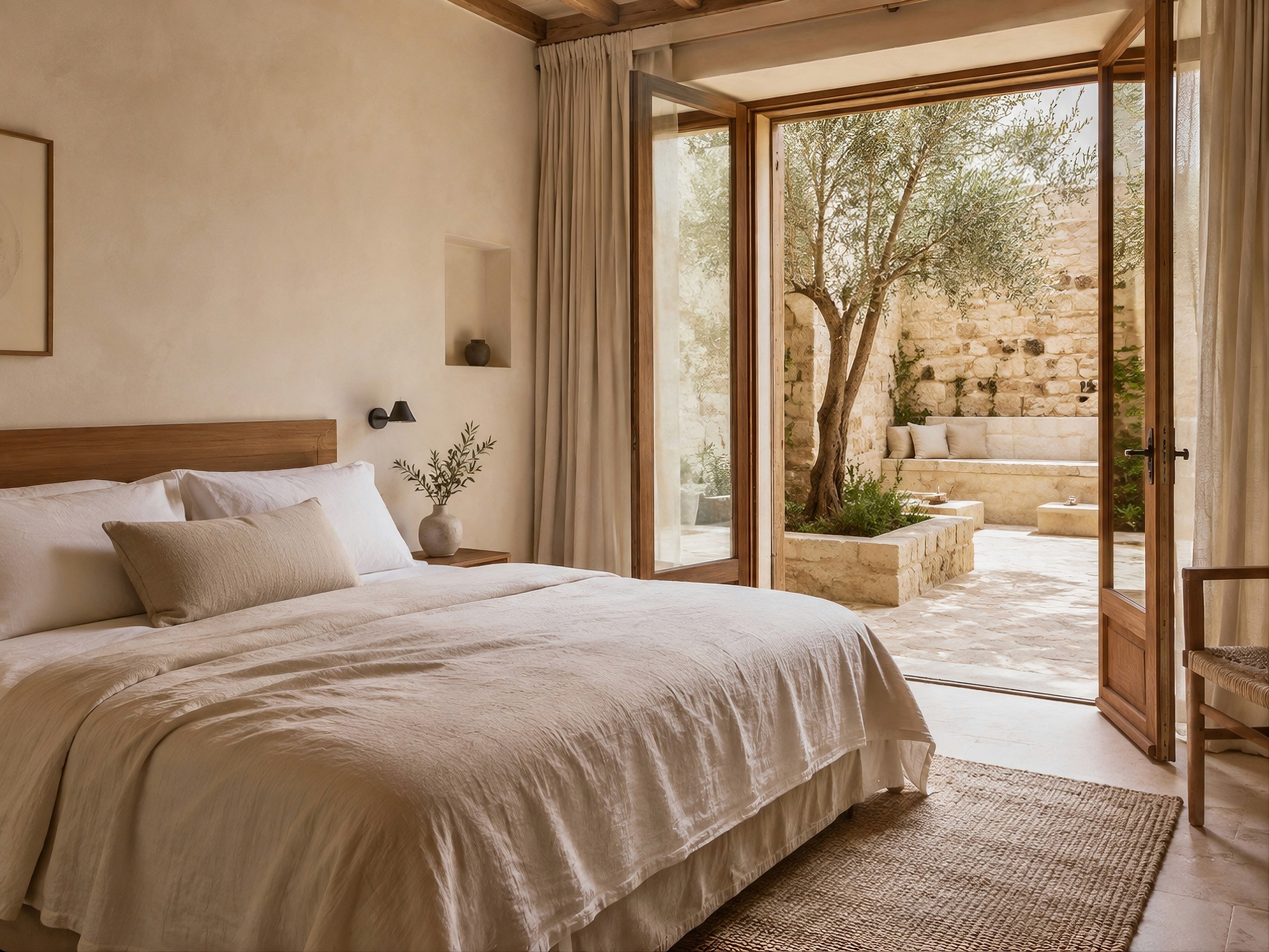 Minimalist bedroom with open wooden doors leading to a private stone courtyard.