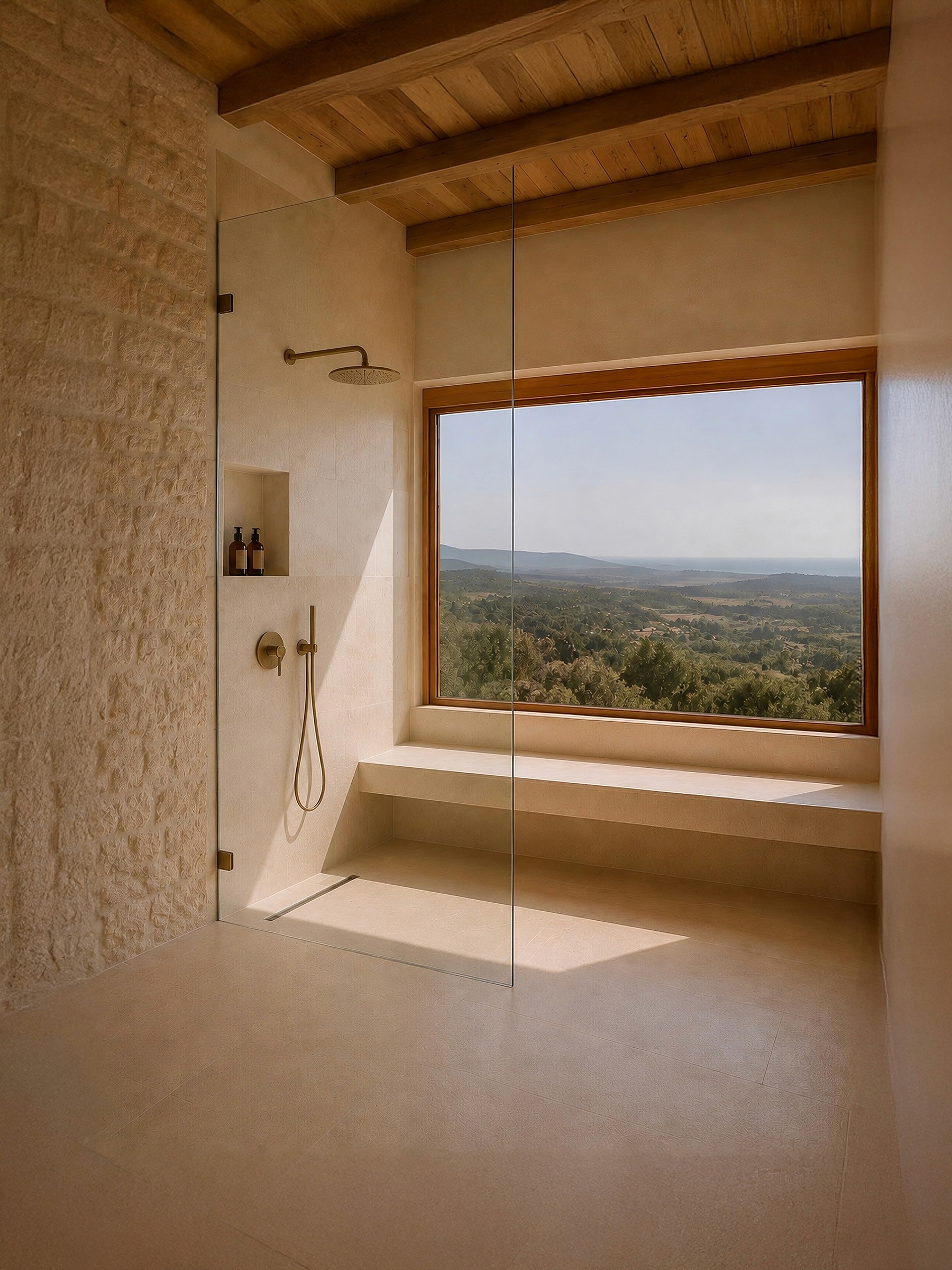 Stone walk-in shower featuring a built-in bench and a large window with a scenic valley view.