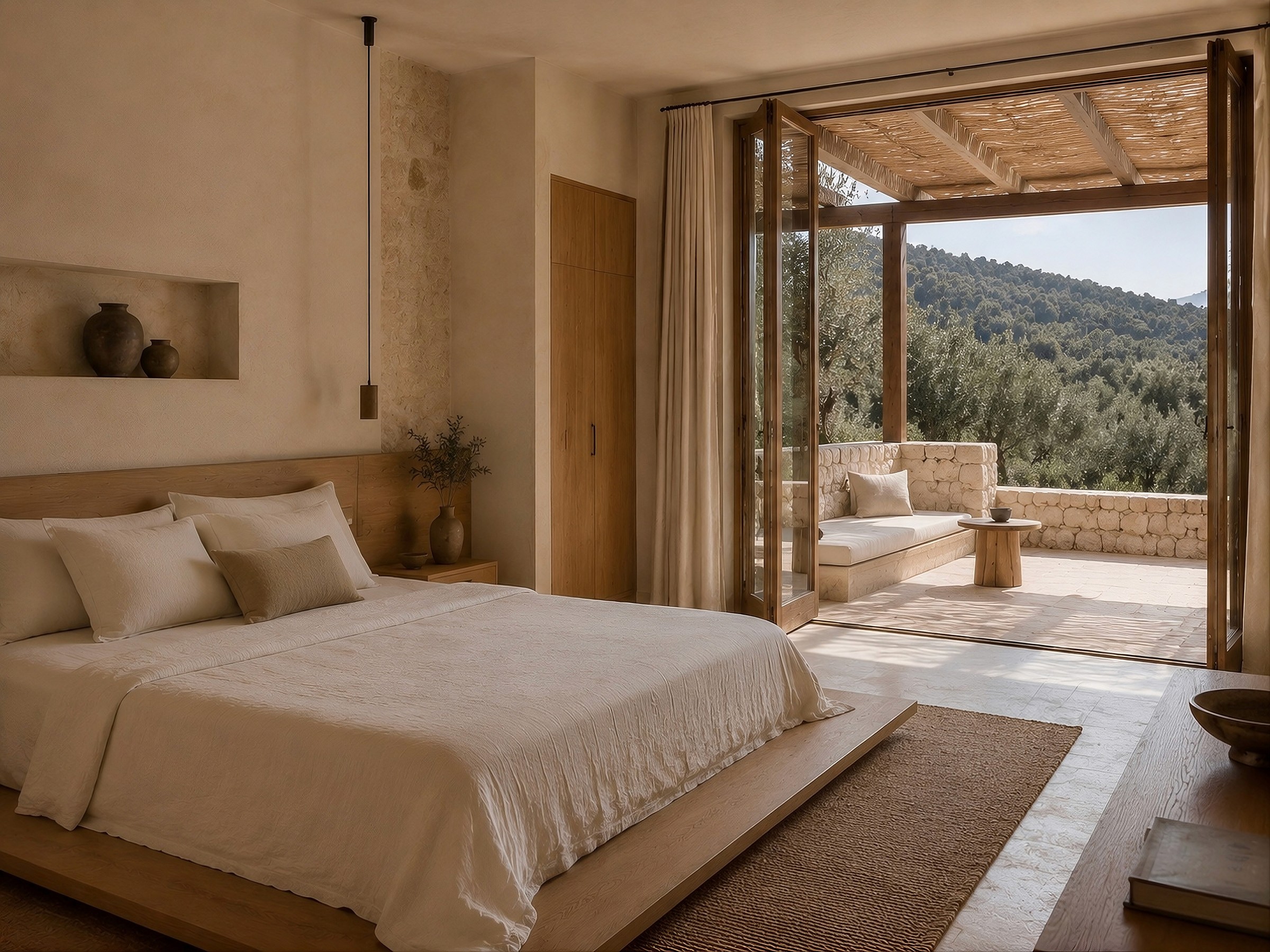 Bright bedroom with a low platform bed and wide-open glass doors leading to a stone terrace with a mountain view.