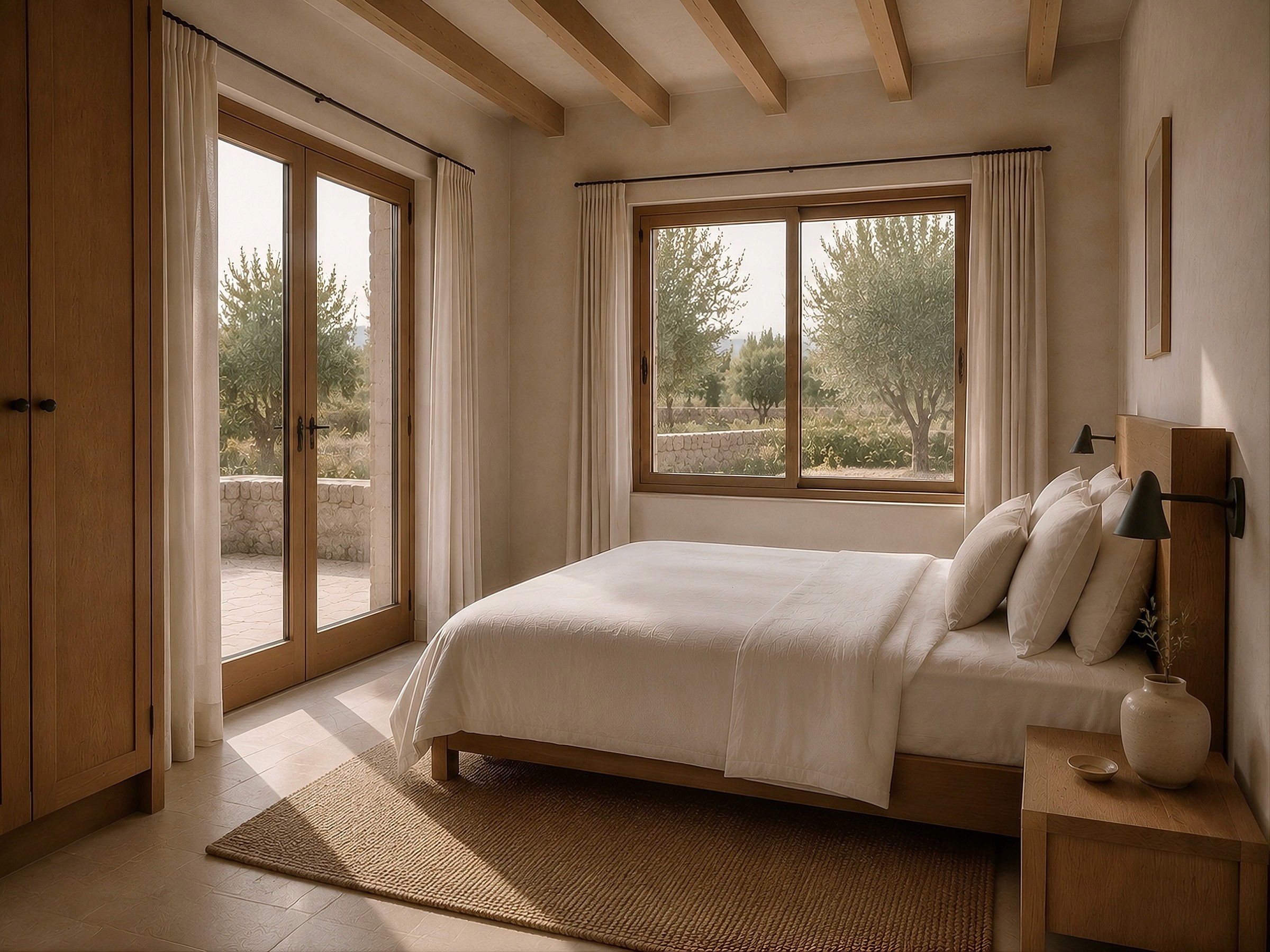 Bright bedroom featuring a wooden bed, a jute rug, and large glass doors opening to a sunlit terrace.