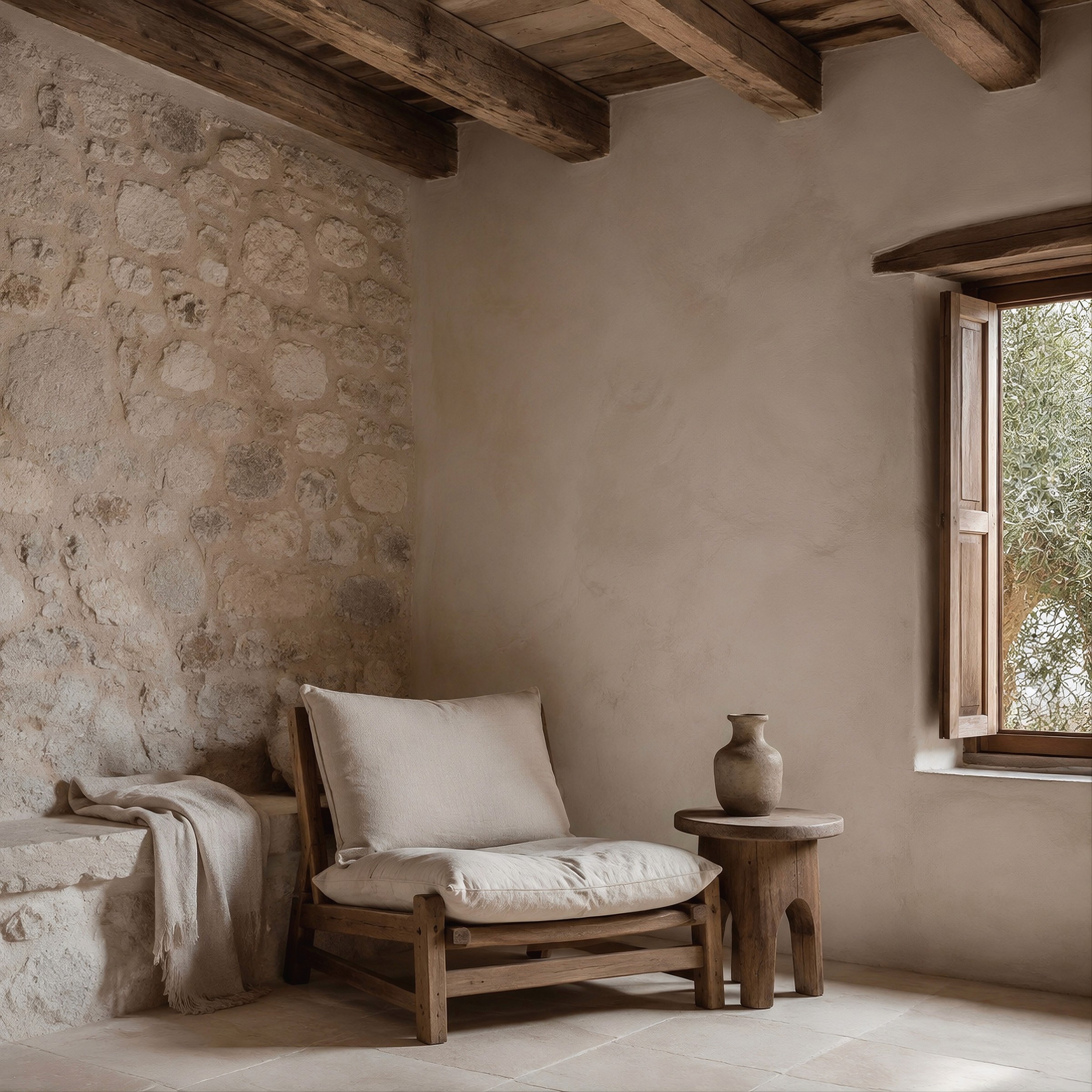A minimalist room corner featuring an exposed stone wall, a wooden lounge chair, a small side table with a vase, and an open wooden window.