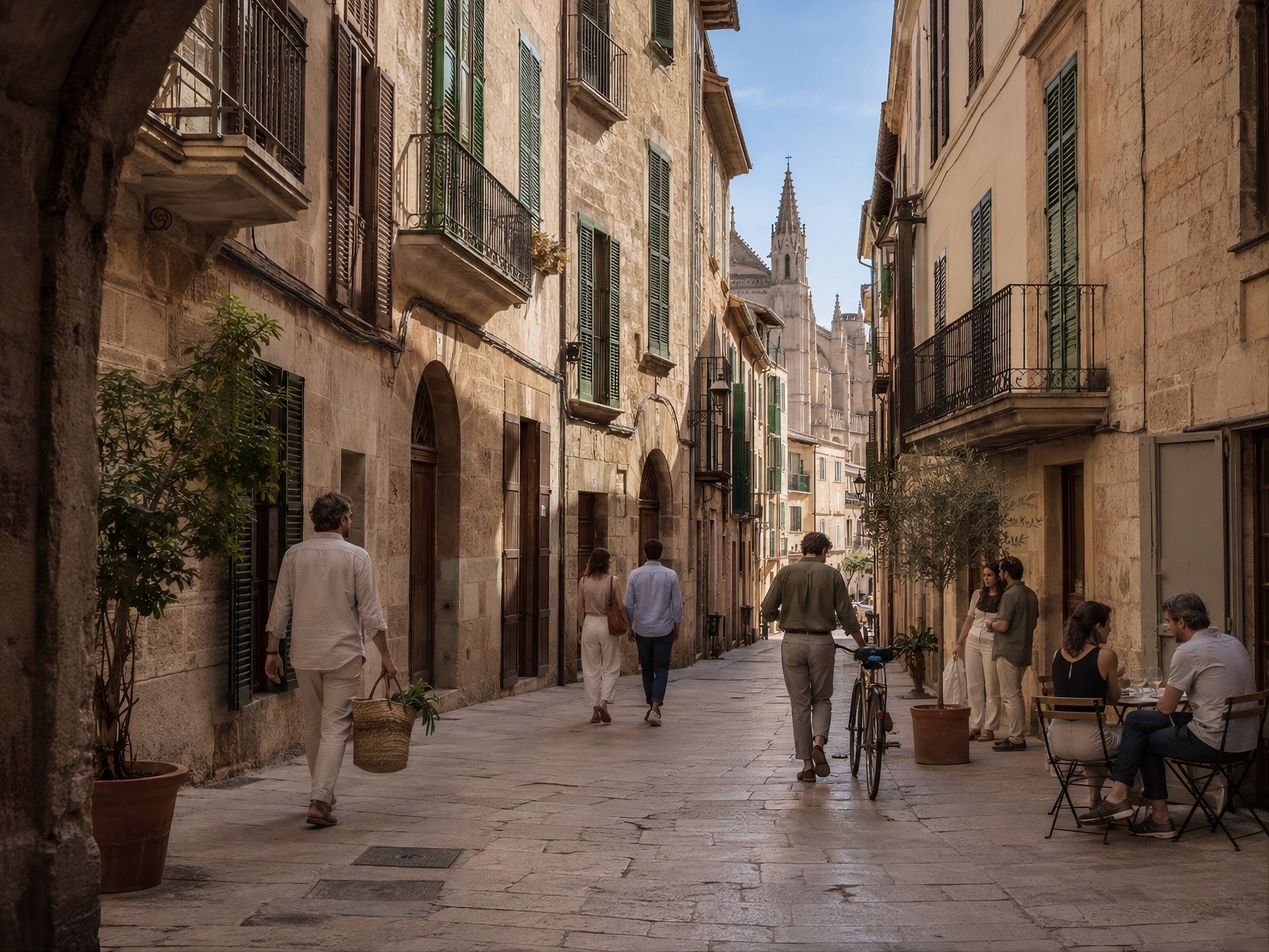 People strolling and dining in a narrow, sunlit stone street with a gothic cathedral in the background.