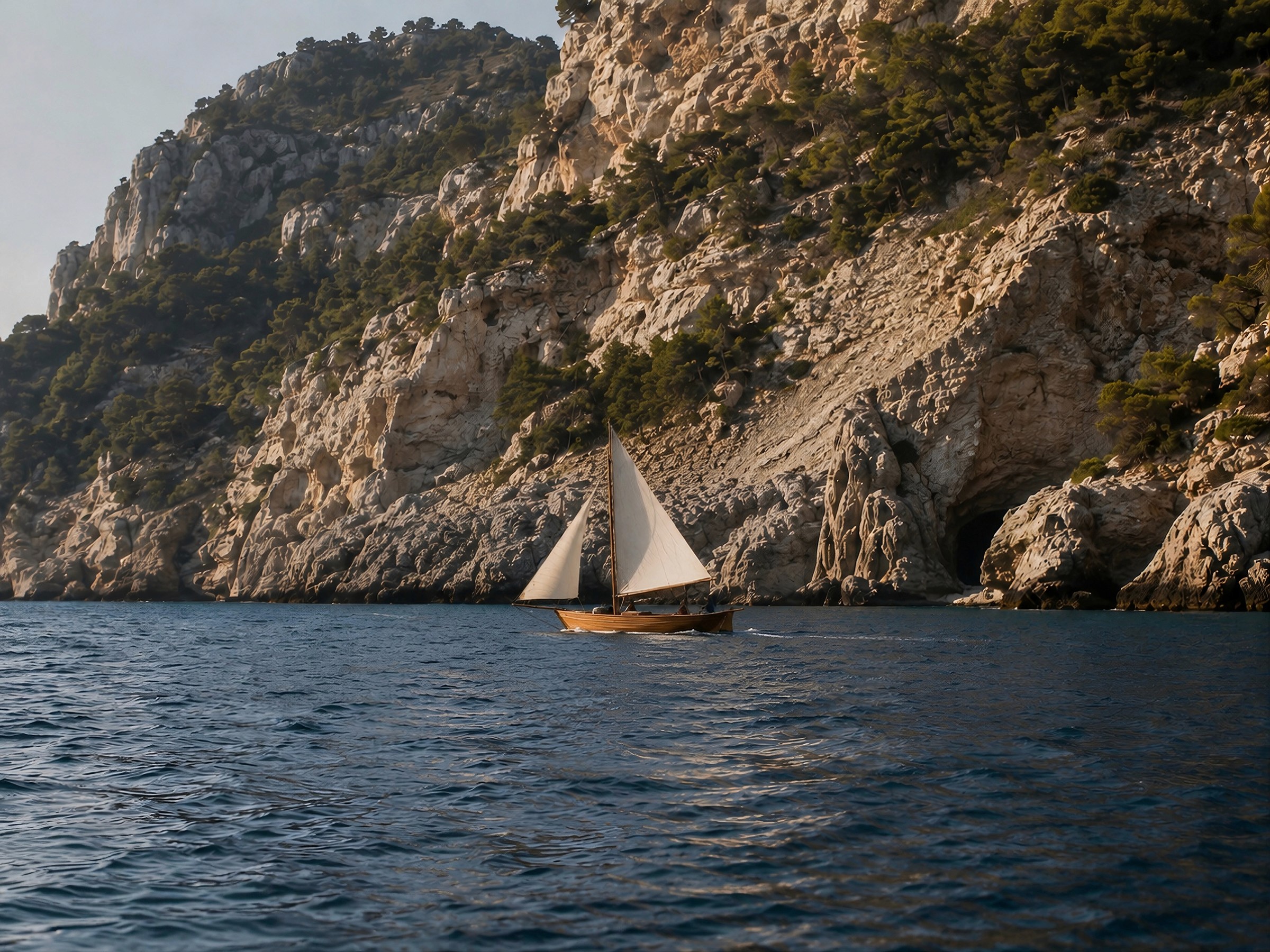 Small wooden sailboat sailing on blue waters near a steep, rocky coastal cliff.
