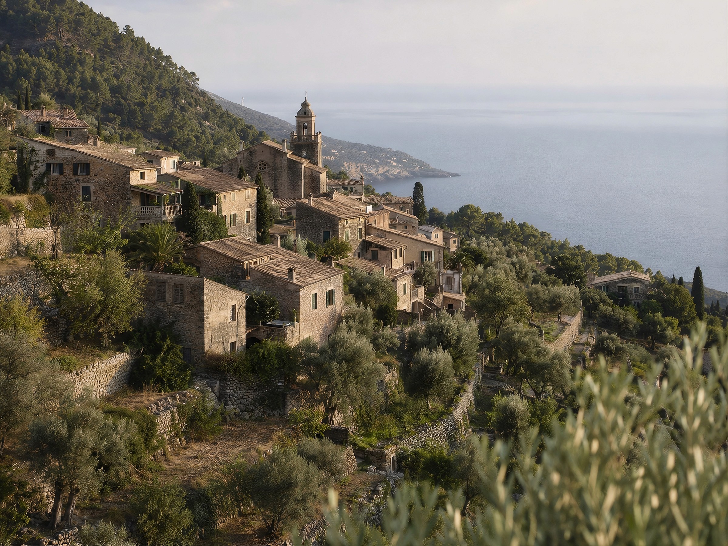 A picturesque hillside village of traditional stone houses overlooking the Mediterranean Sea.