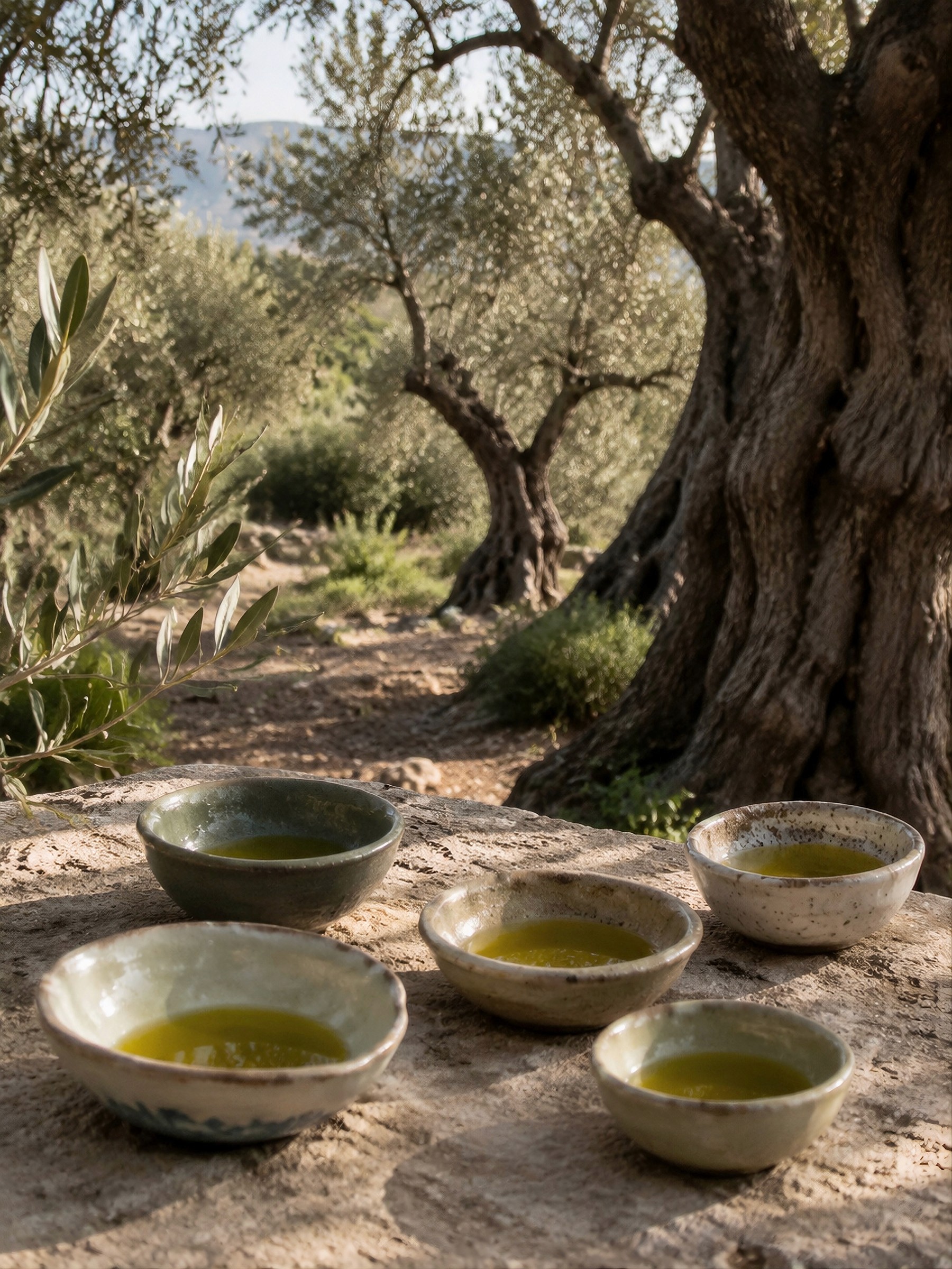 Small rustic ceramic bowls filled with olive oil resting on a stone surface beneath mature olive trees.