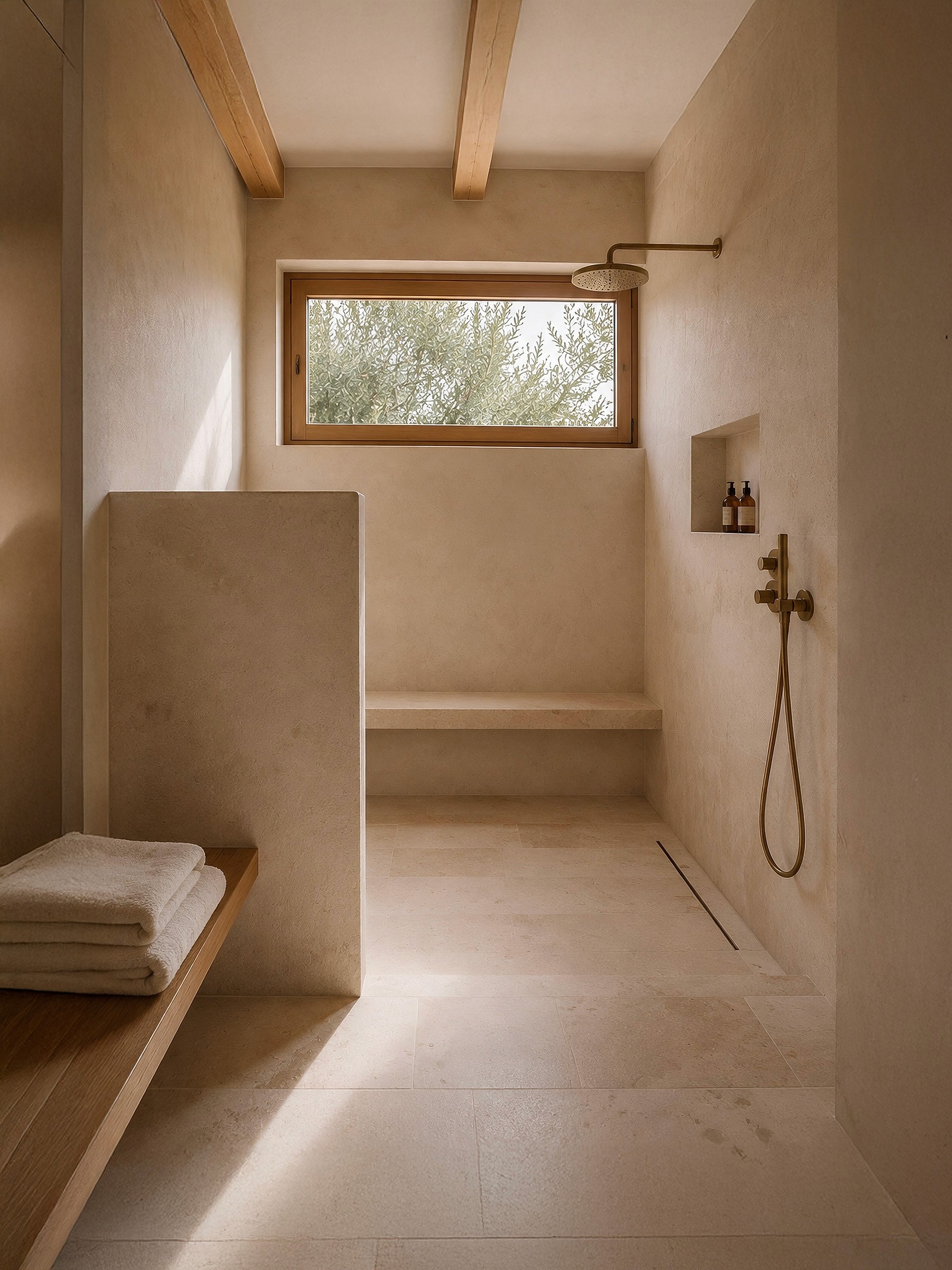 Minimalist stone walk-in shower with bronze fixtures, a built-in bench, and a wooden window framing trees.