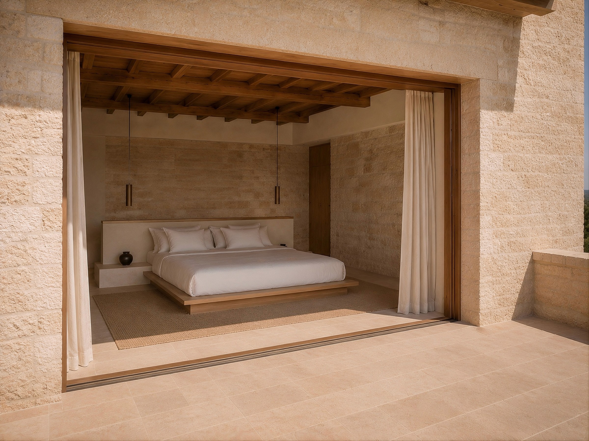 View into a minimalist bedroom with a wooden ceiling and platform bed through a large open doorway.