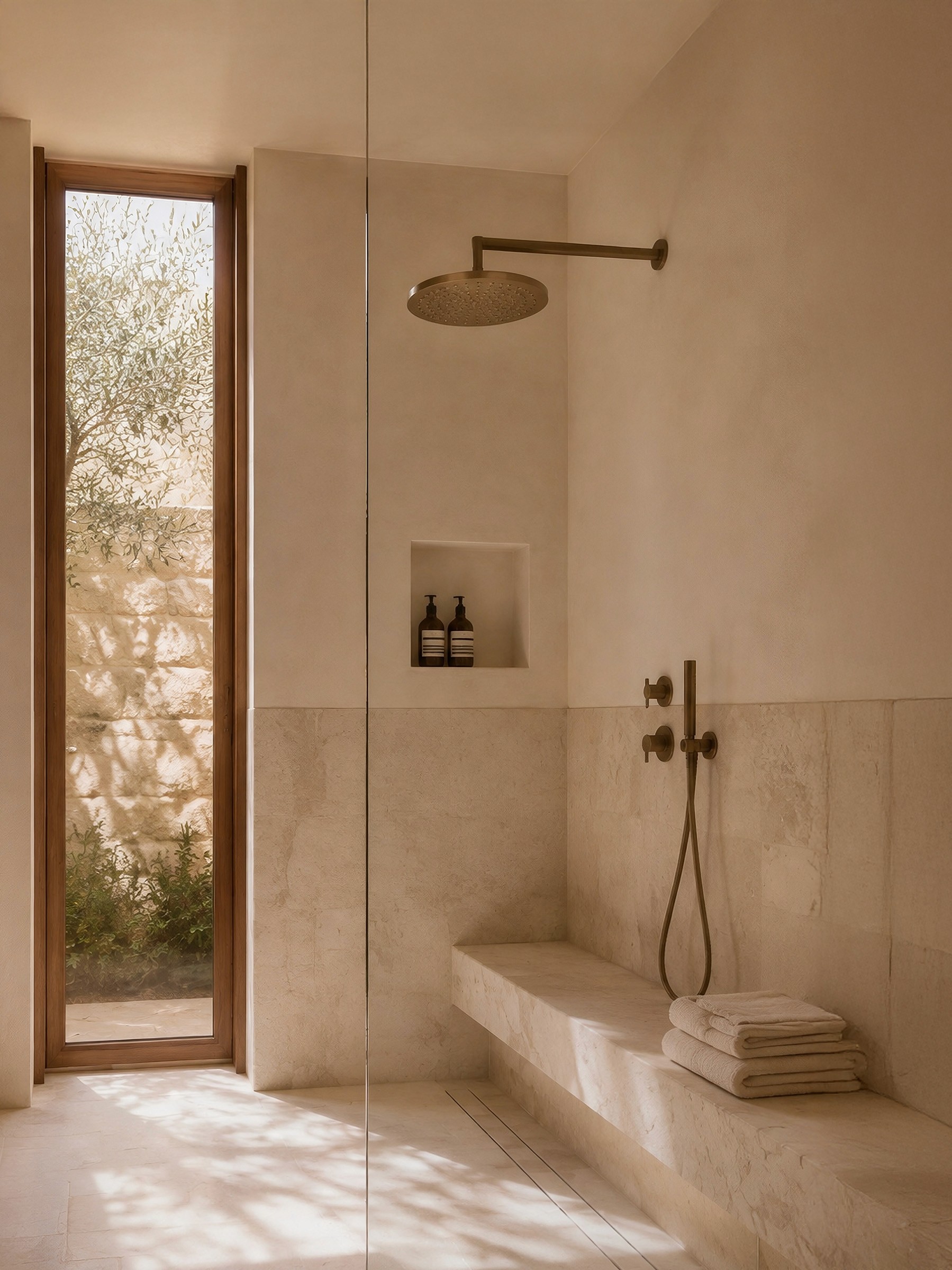 Stone walk-in shower with bronze fixtures and a tall narrow window.
