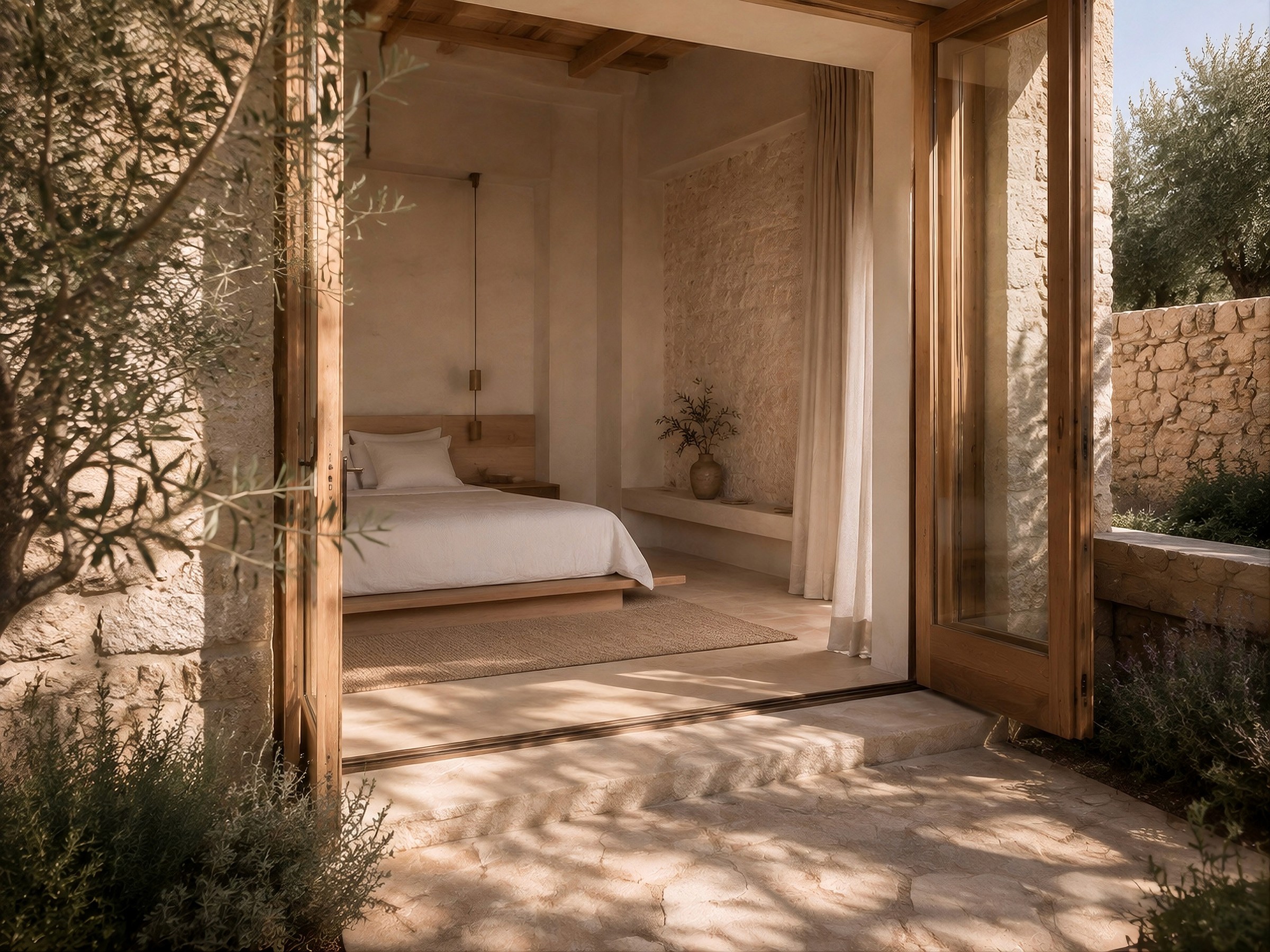 A minimalist bedroom seen through open wooden folding doors from a sunny stone patio.