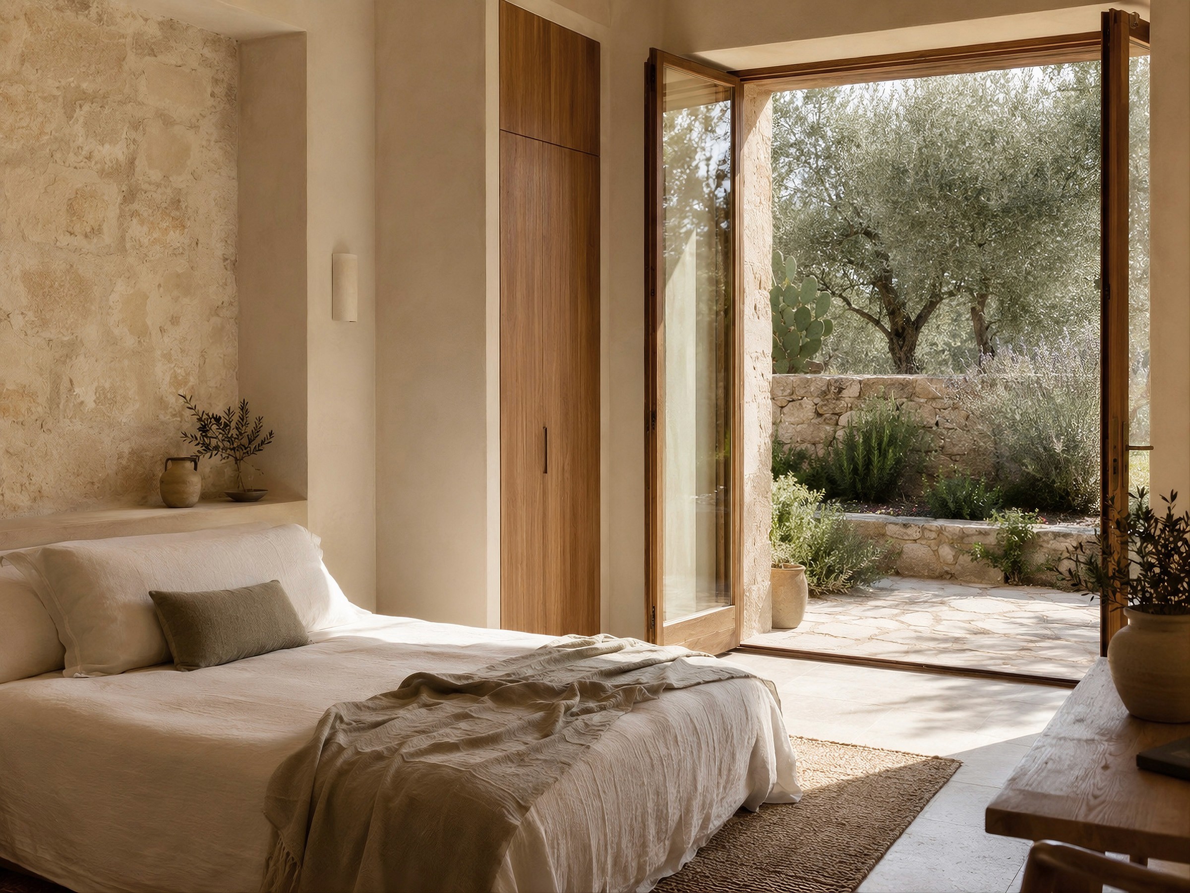 A serene, minimalist bedroom with an exposed stone wall and large open doors leading to a sunlit terrace.