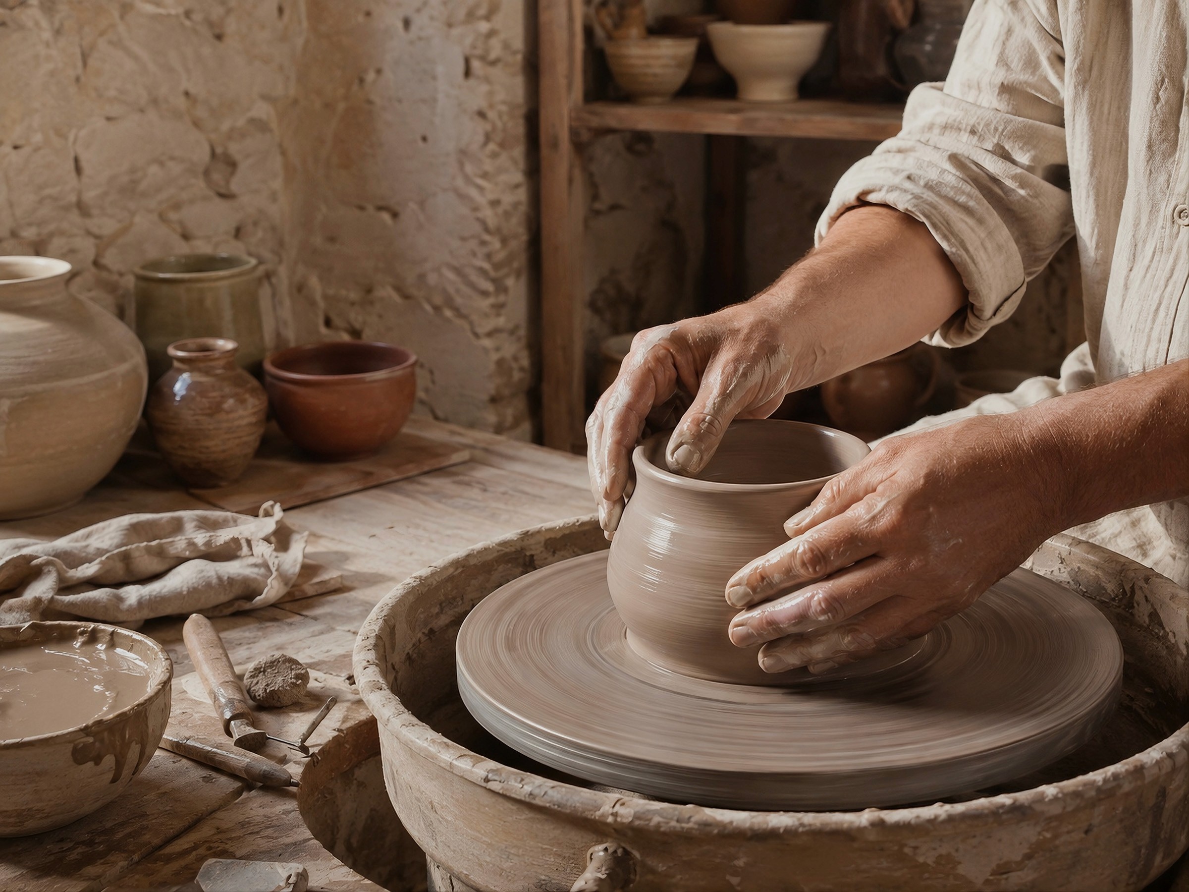 Close-up of a potter's hands shaping a clay pot on a wheel in a rustic workshop.