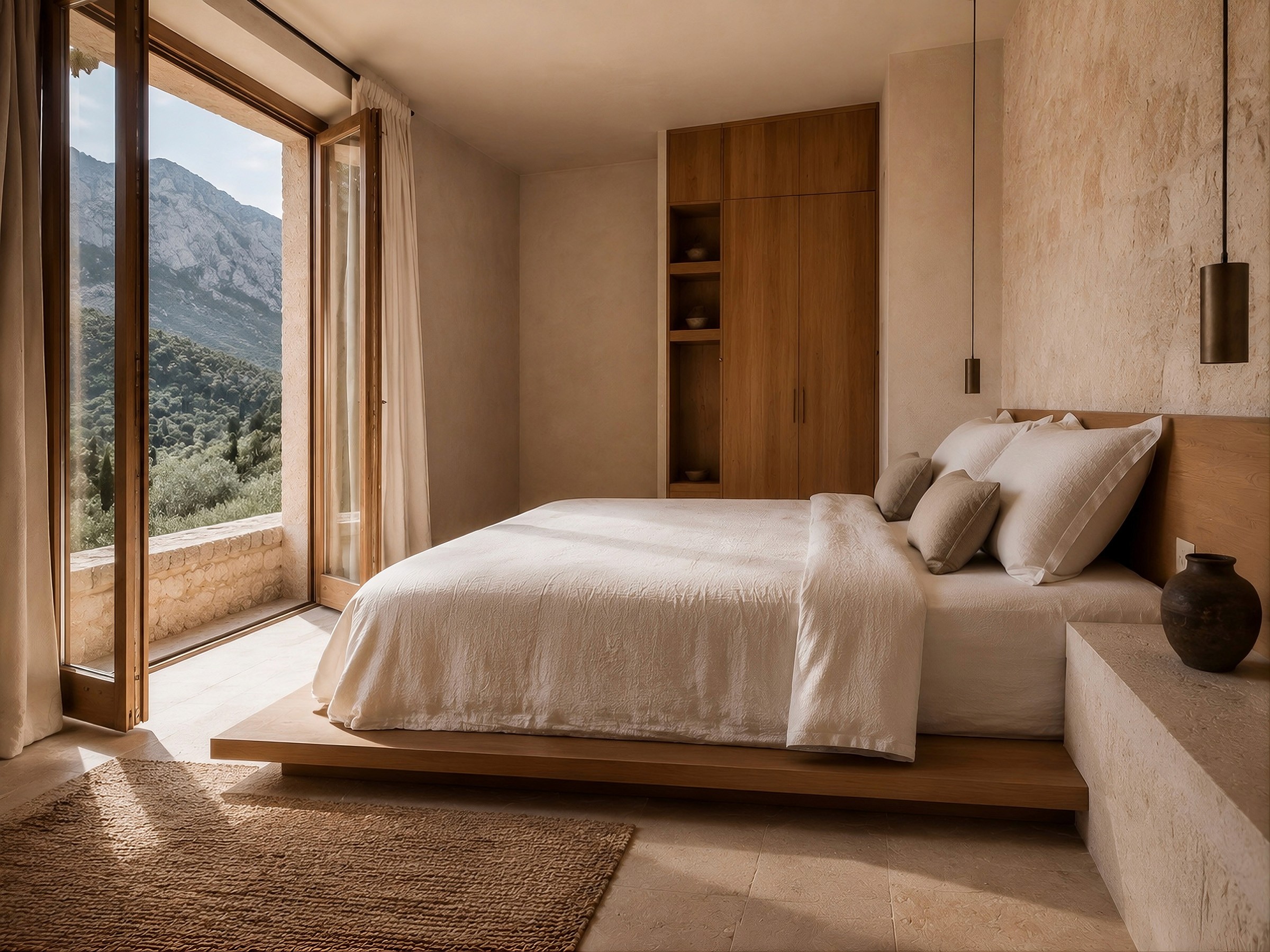 Minimalist bedroom with a platform bed, stone wall, and open doors leading to a terrace with a mountain view.
