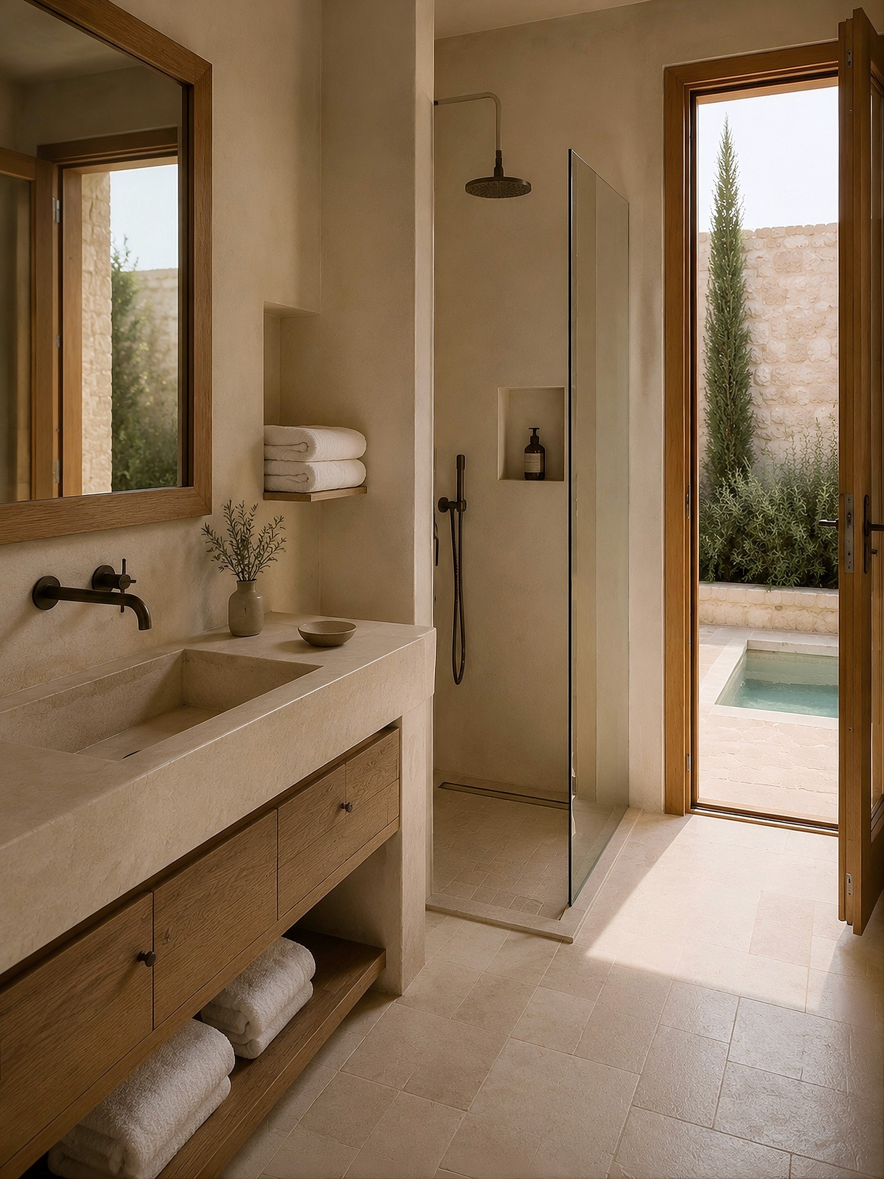 A modern bathroom with a stone vanity, glass walk-in shower, and an open wooden door leading to a private outdoor pool.
