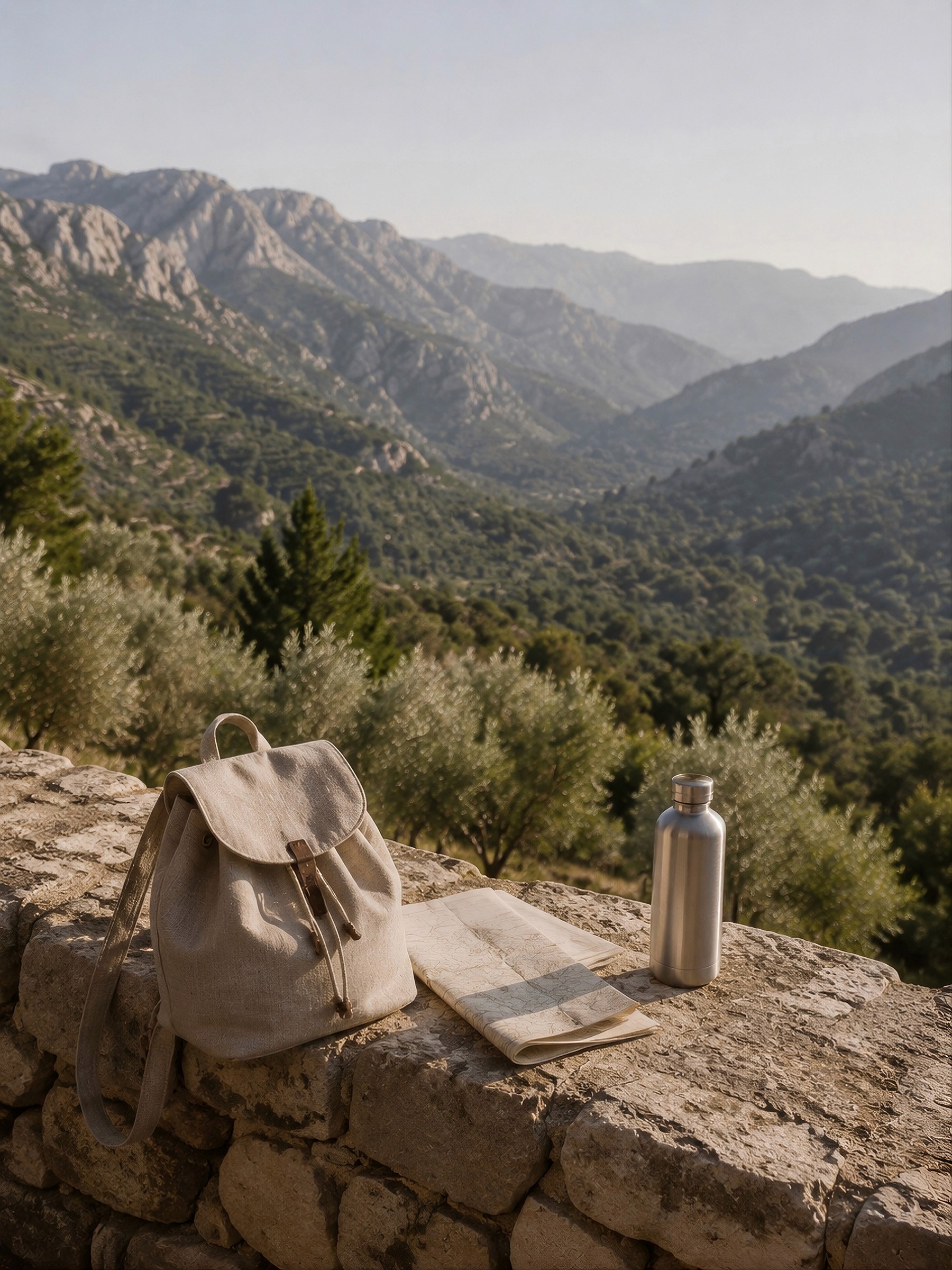 A canvas backpack, an unfolded map, and a metal bottle on a stone wall overlooking a mountain valley.