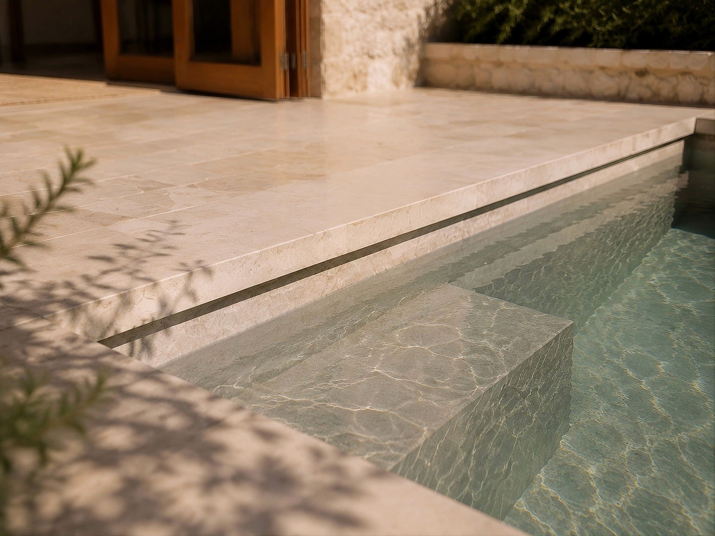 Close-up of light-colored stone steps leading down into a clear swimming pool.