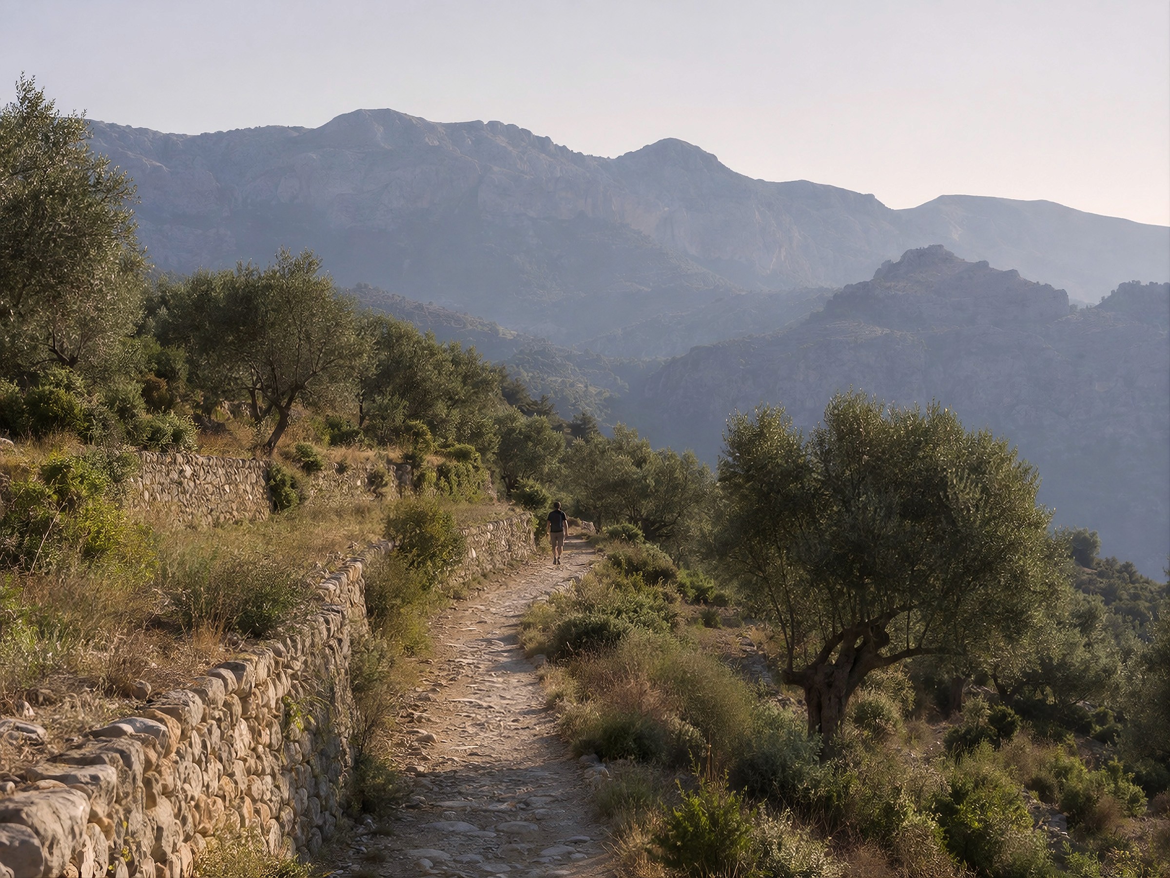 A person walking on a rocky path through terraced olive groves with large, hazy mountains in the background.