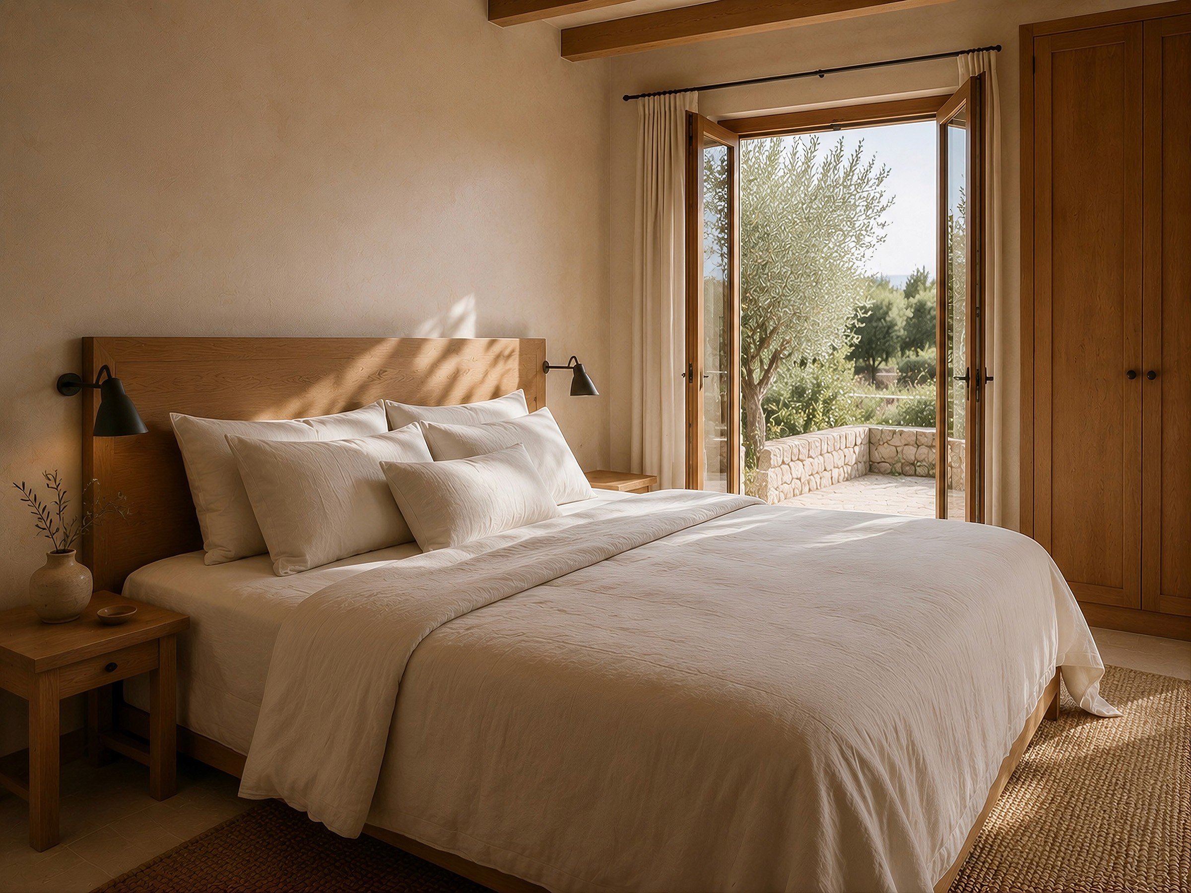 Bright bedroom with a wooden bed and open glass doors leading to a sunlit stone patio.